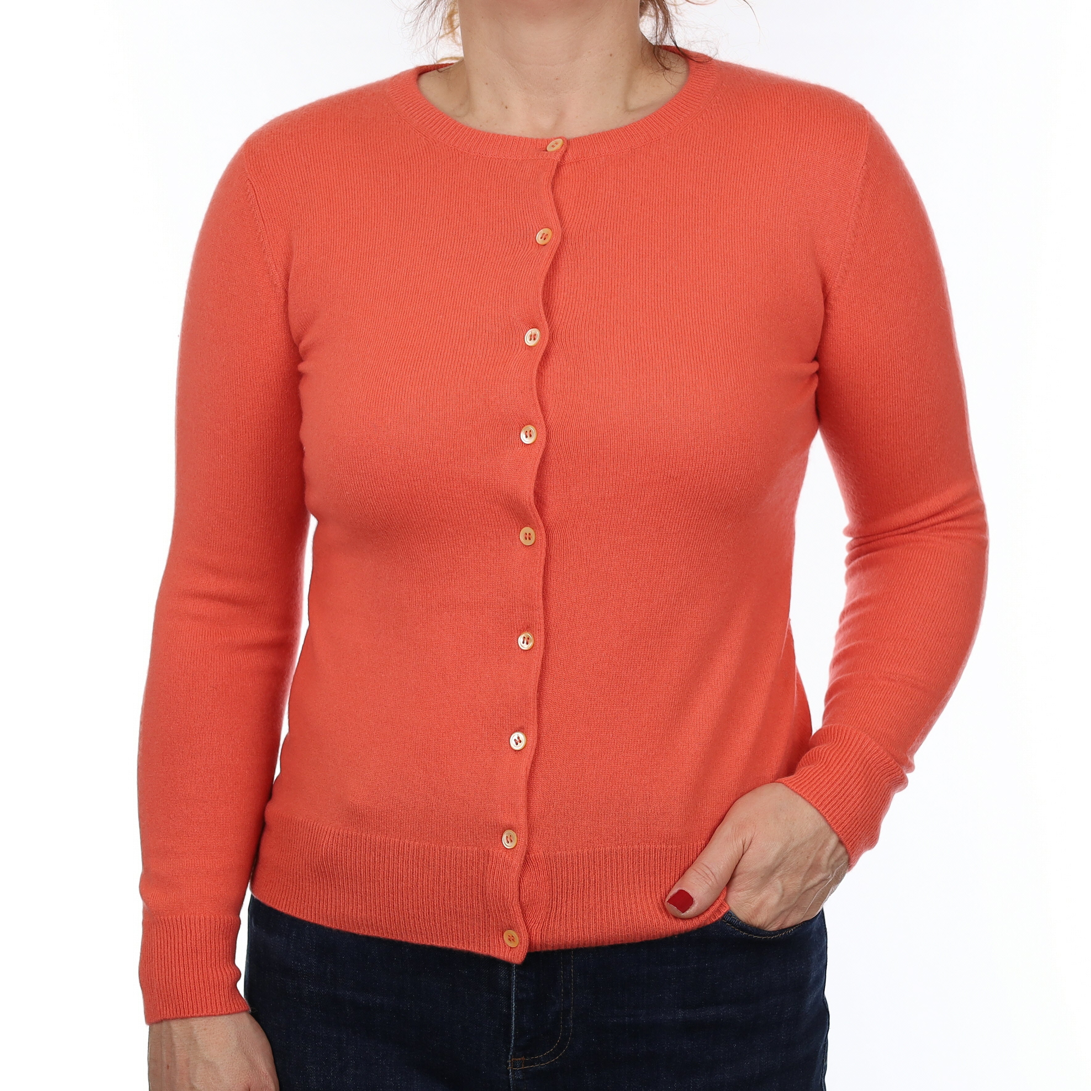 Coral Orange Cashmere Crew Neck Cardigan Medium