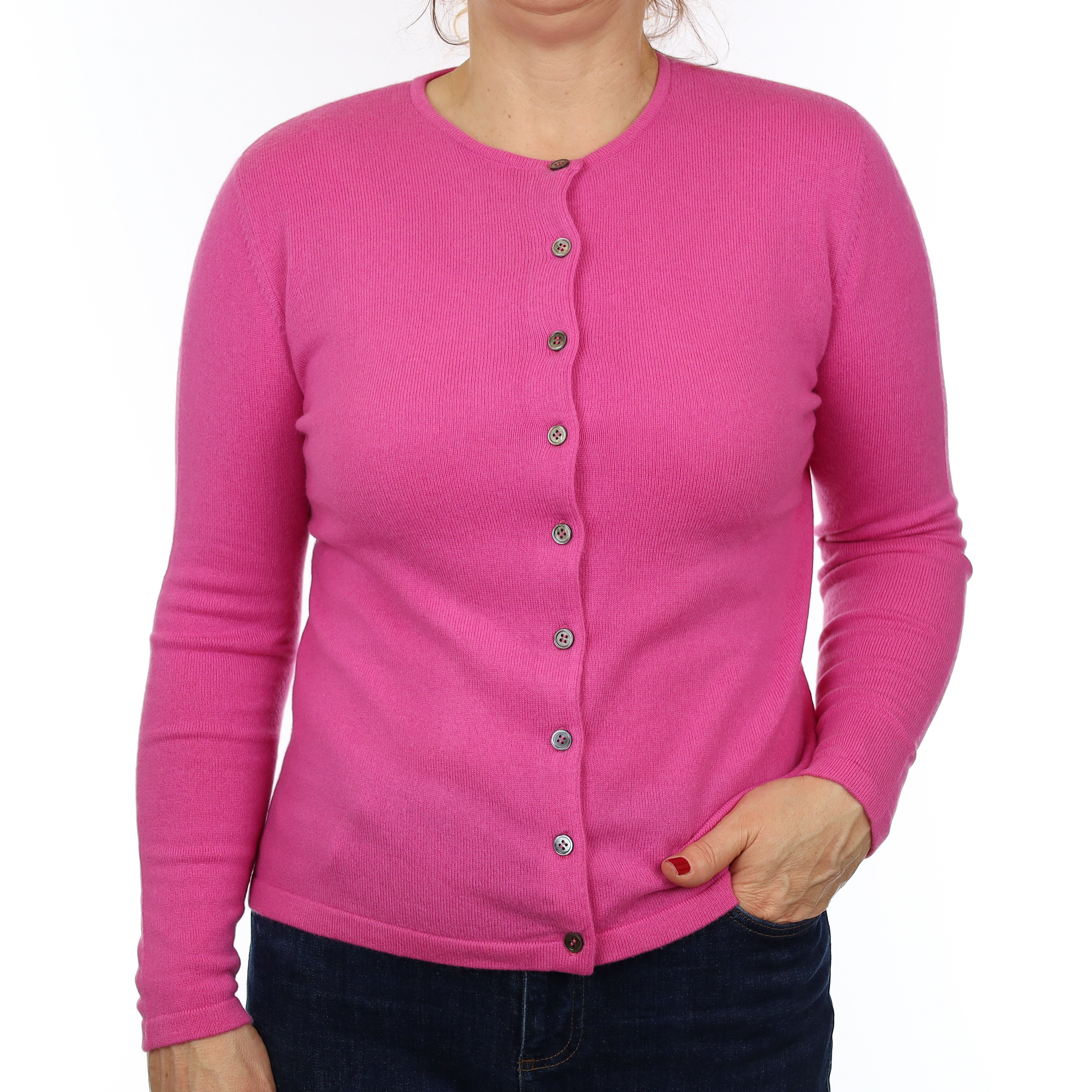 Rose Pink Cashmere Crew Neck Cardigan Medium
