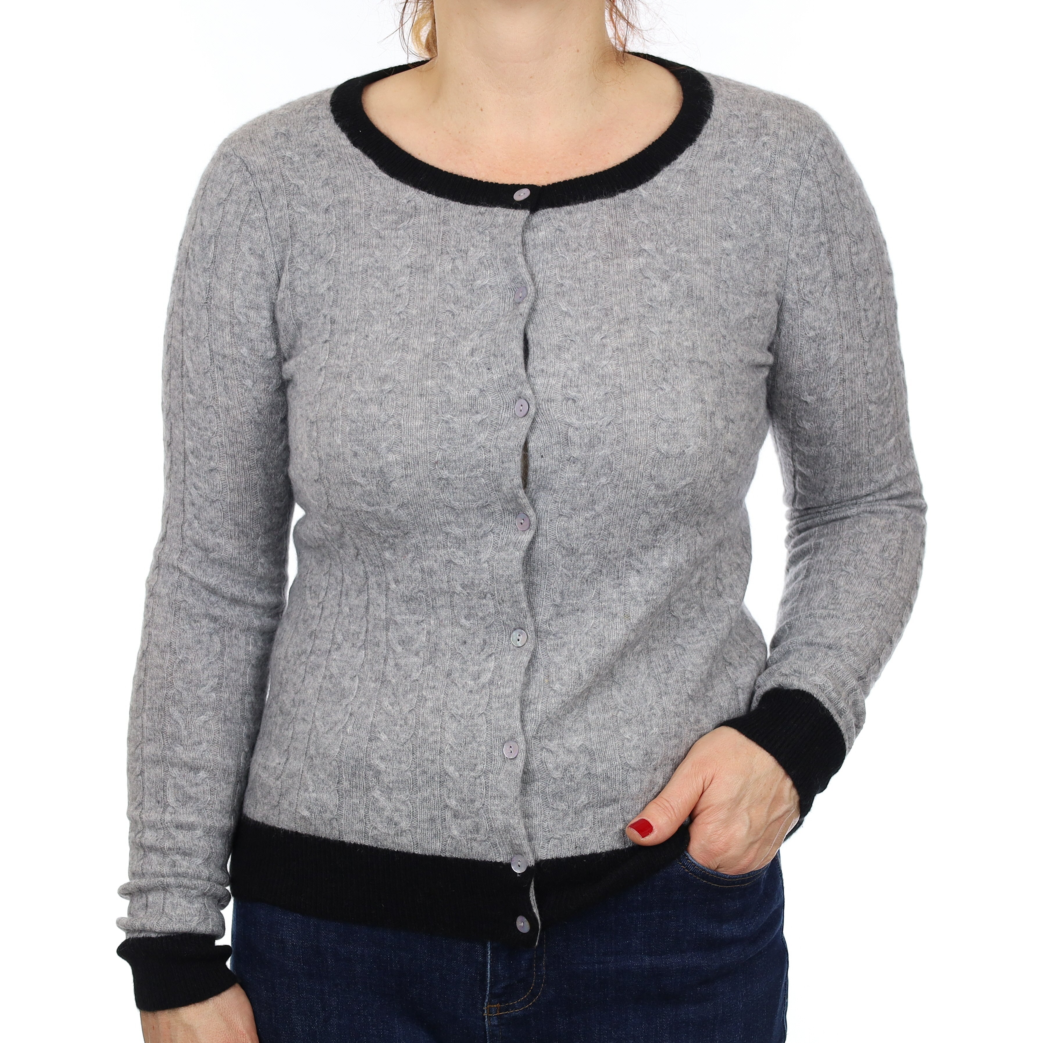 Grey and Black Cable Cashmere Crew Neck Cardigan Medium