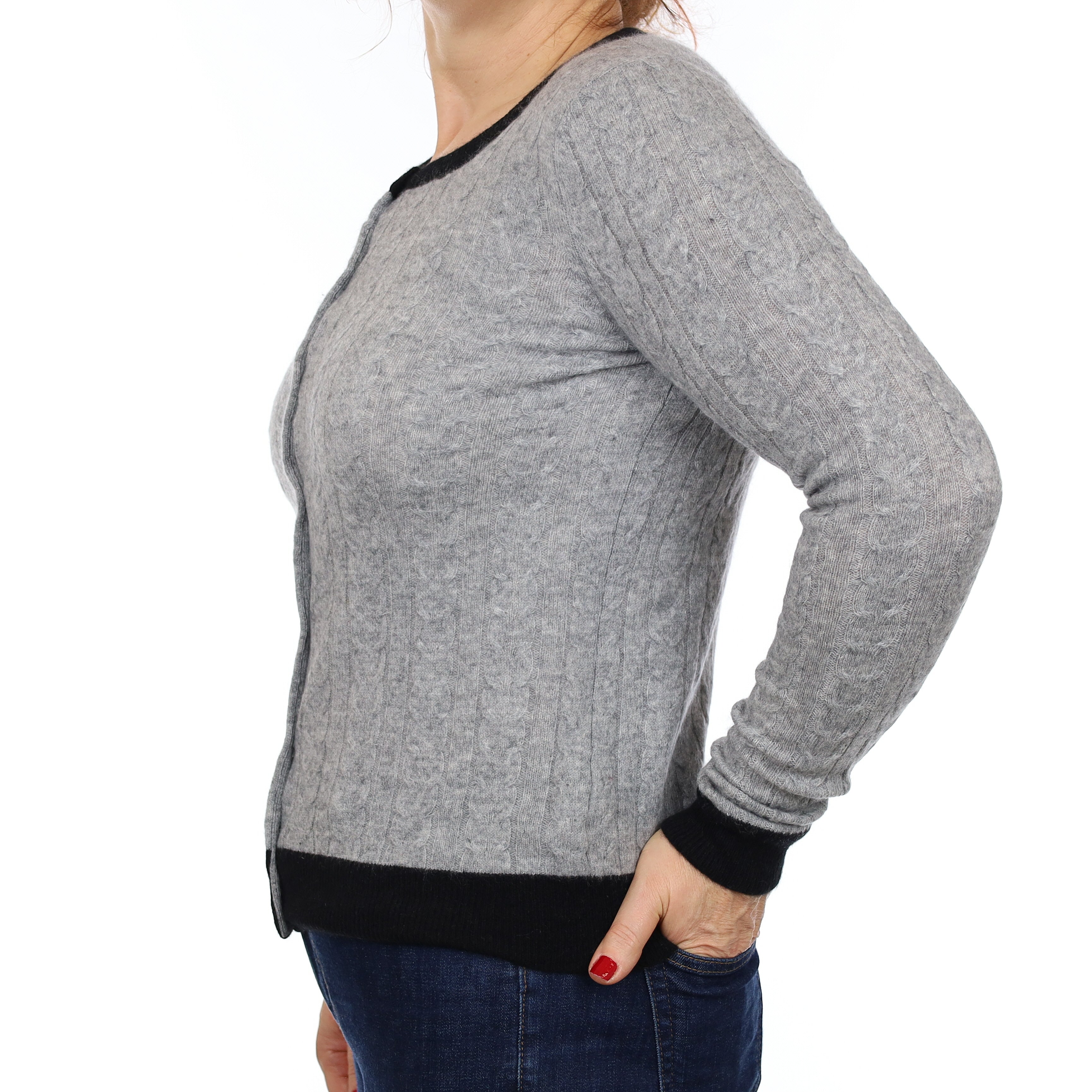 Grey and Black Cable Cashmere Crew Neck Cardigan Medium