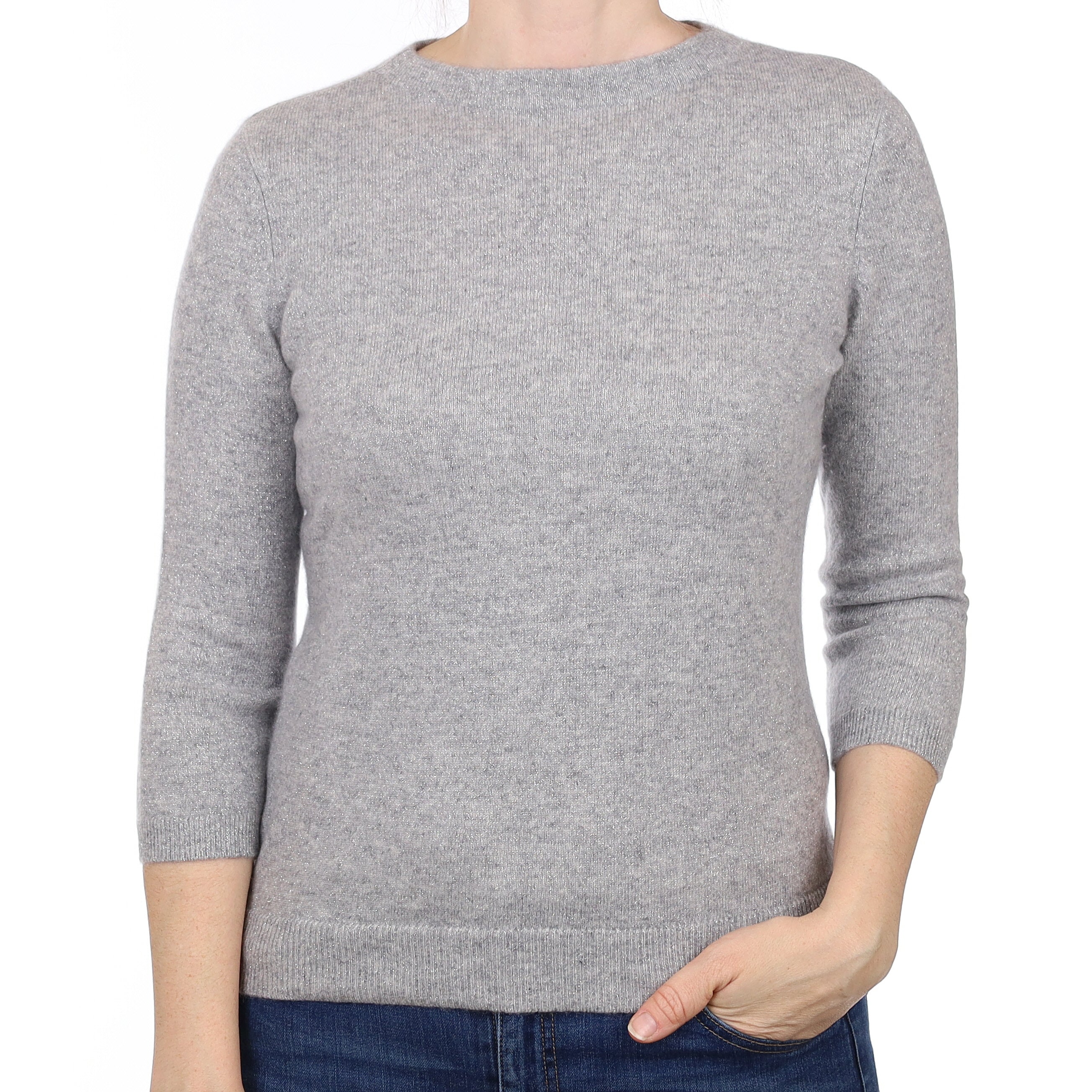 Smoke Grey Sparkly Cashmere 3/4 Sleeve Crew Neck Jumper Small