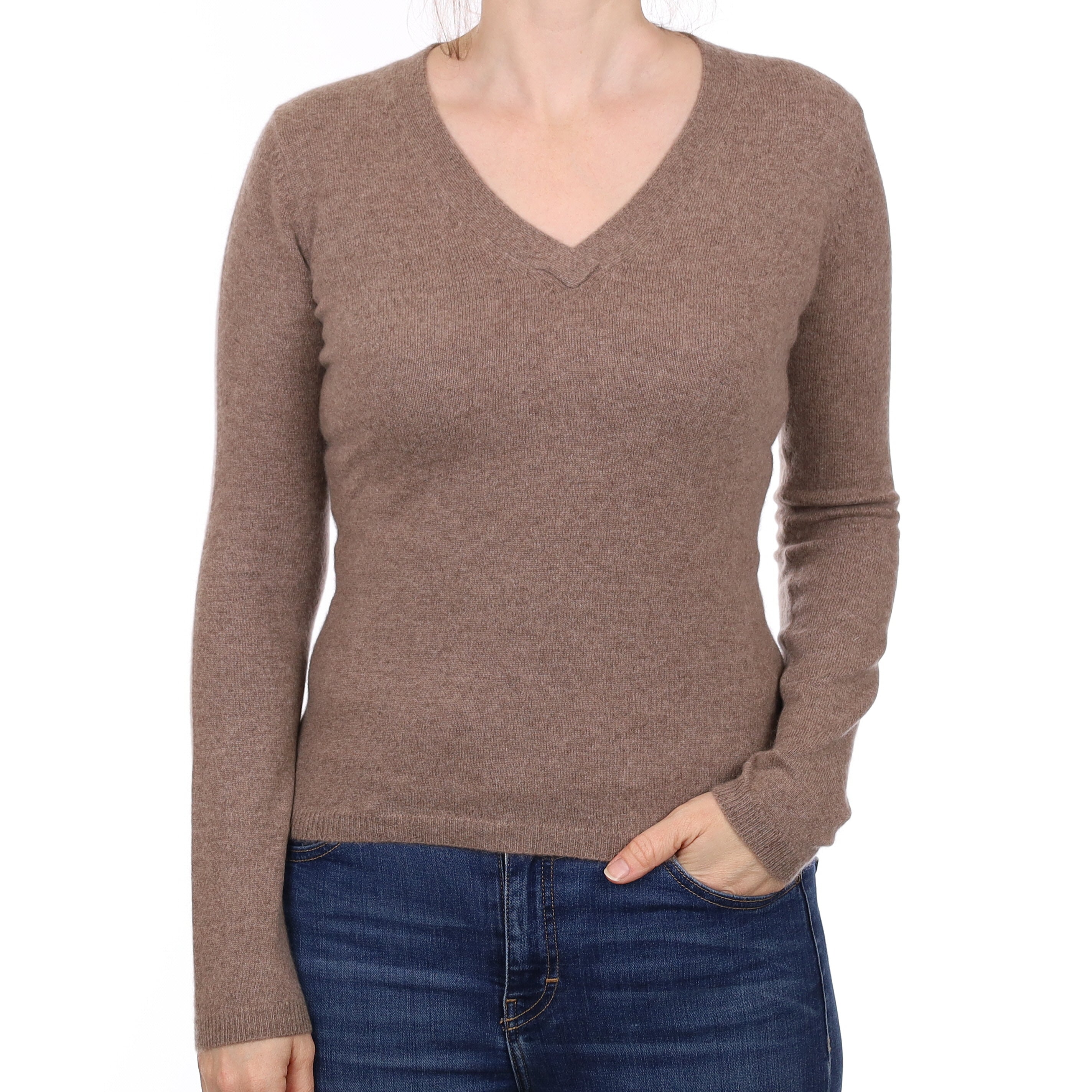 Mocha Brown Cashmere V Neck Jumper Small