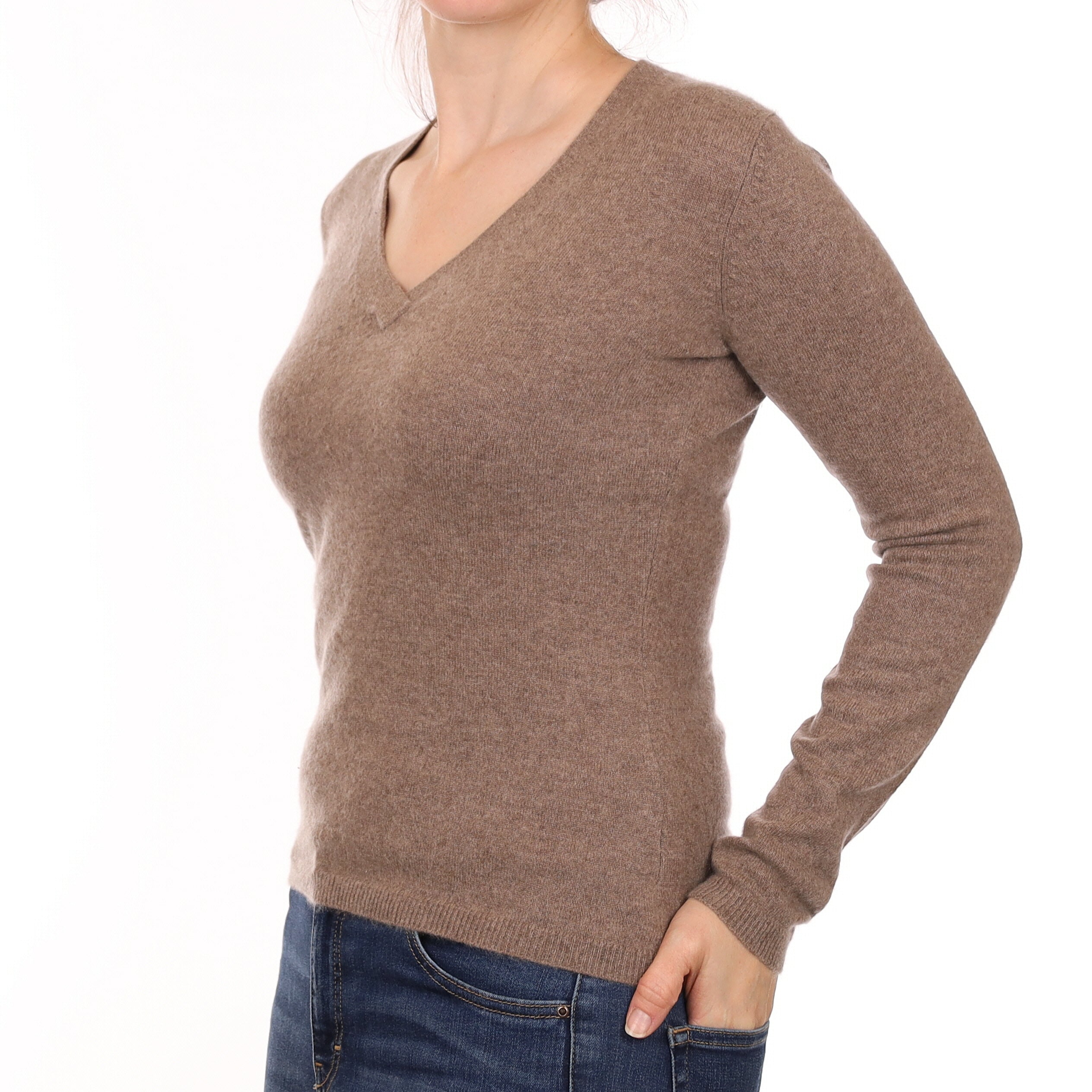 Mocha Brown Cashmere V Neck Jumper Small