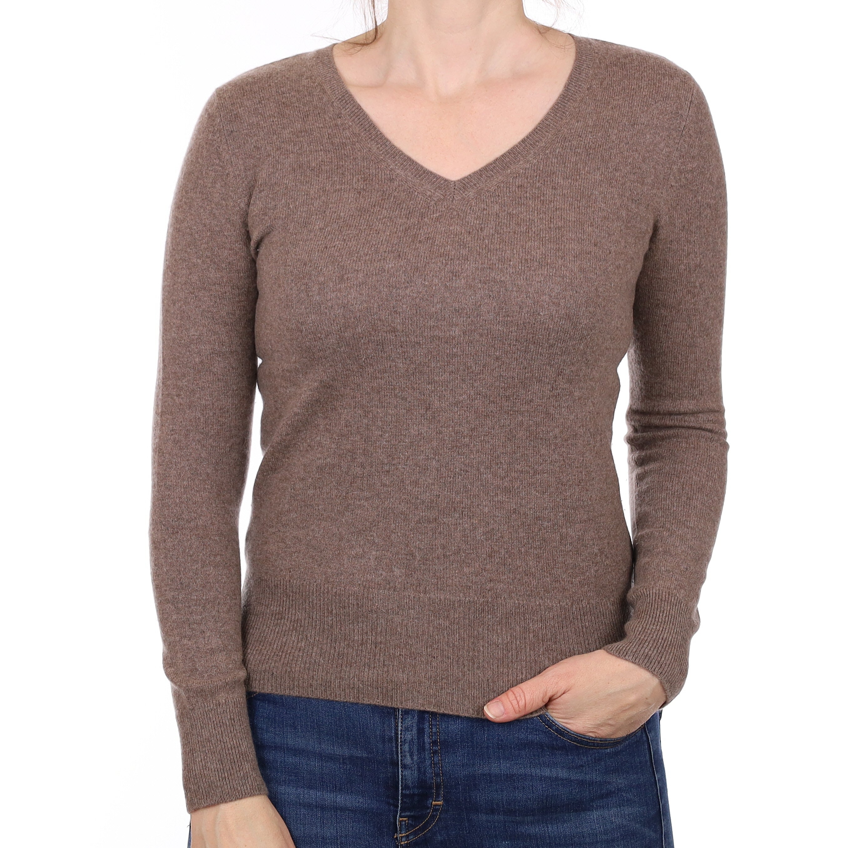 Mocha Brown Cashmere V Neck Jumper Small