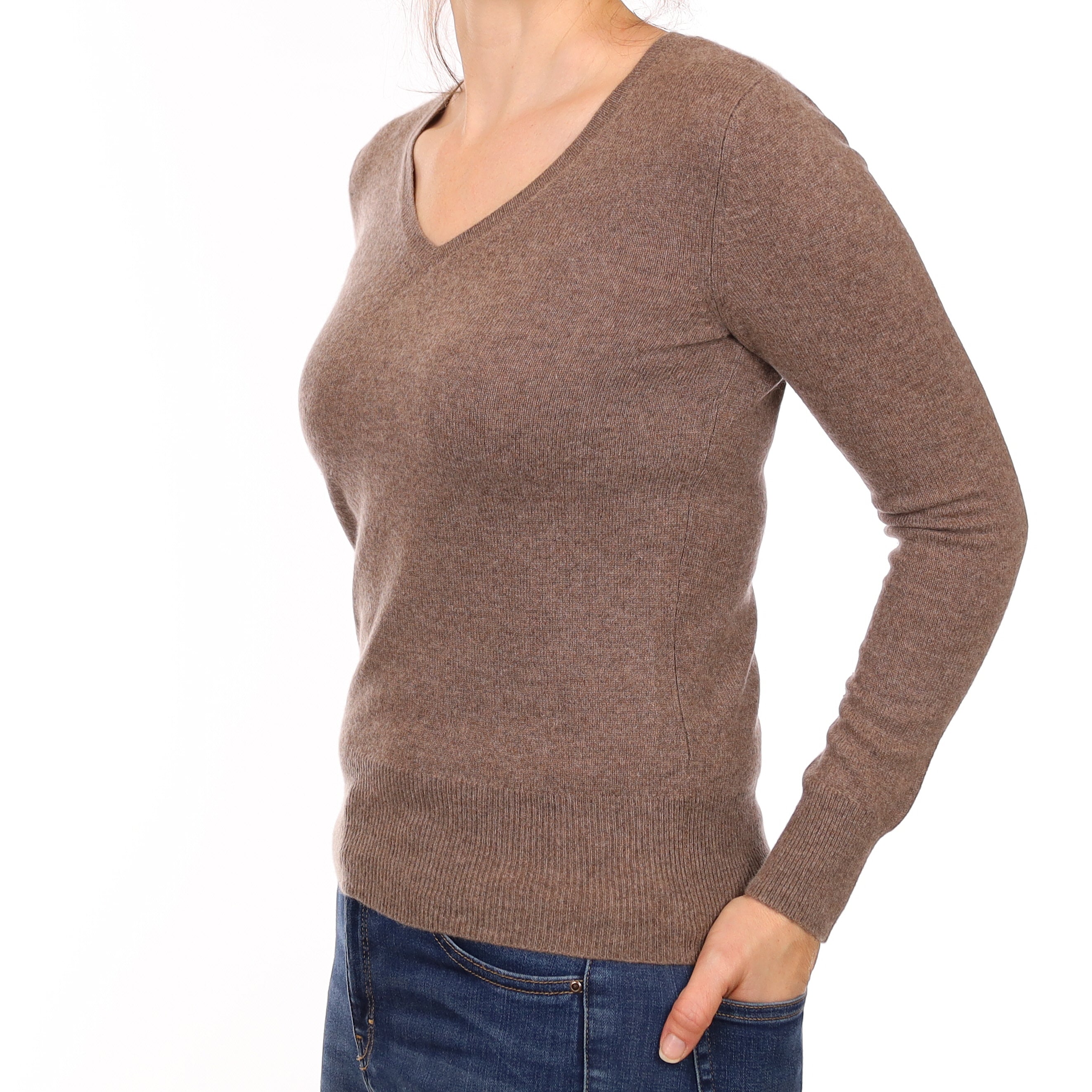 Mocha Brown Cashmere V Neck Jumper Small