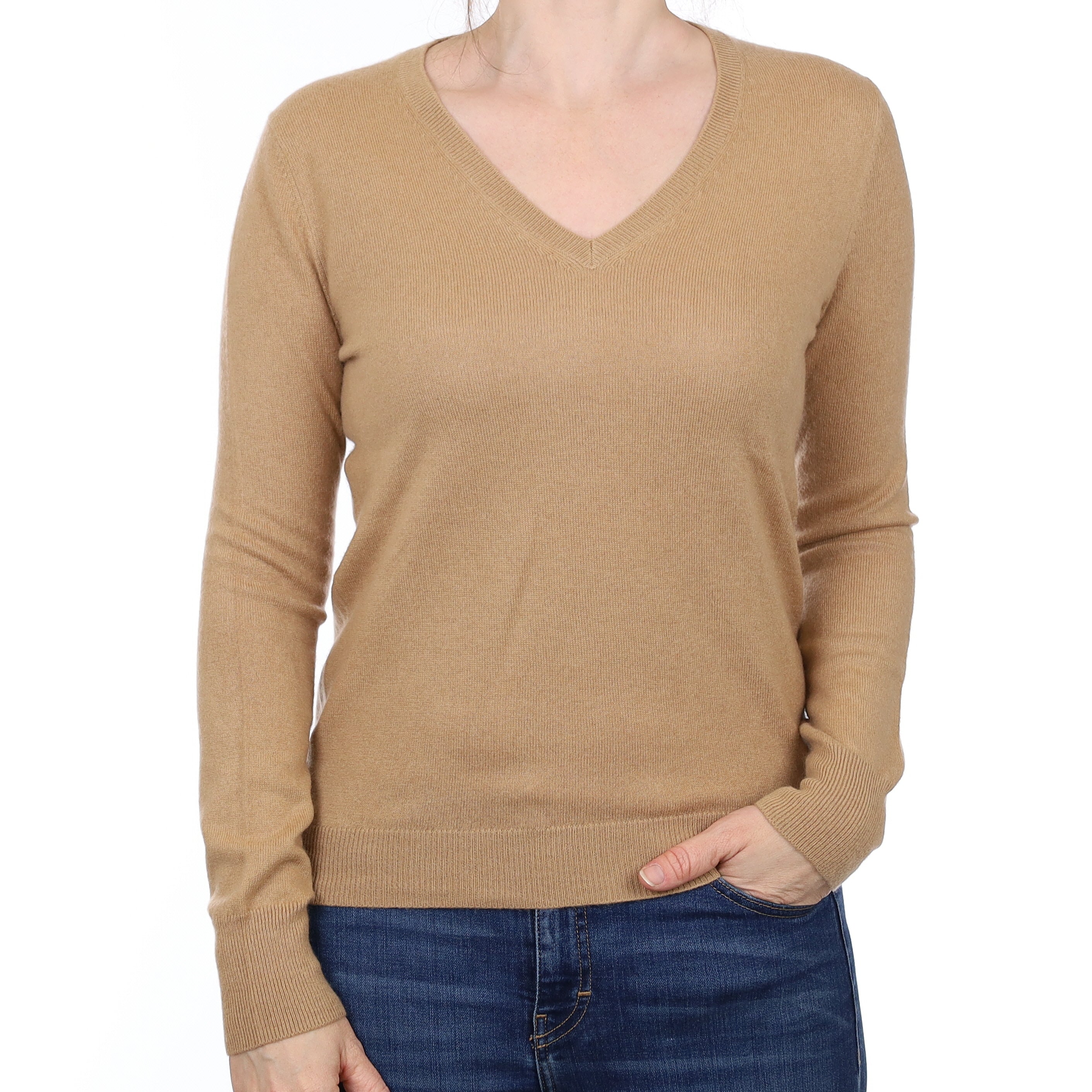 Caramel Brown Cashmere V Neck Jumper Small