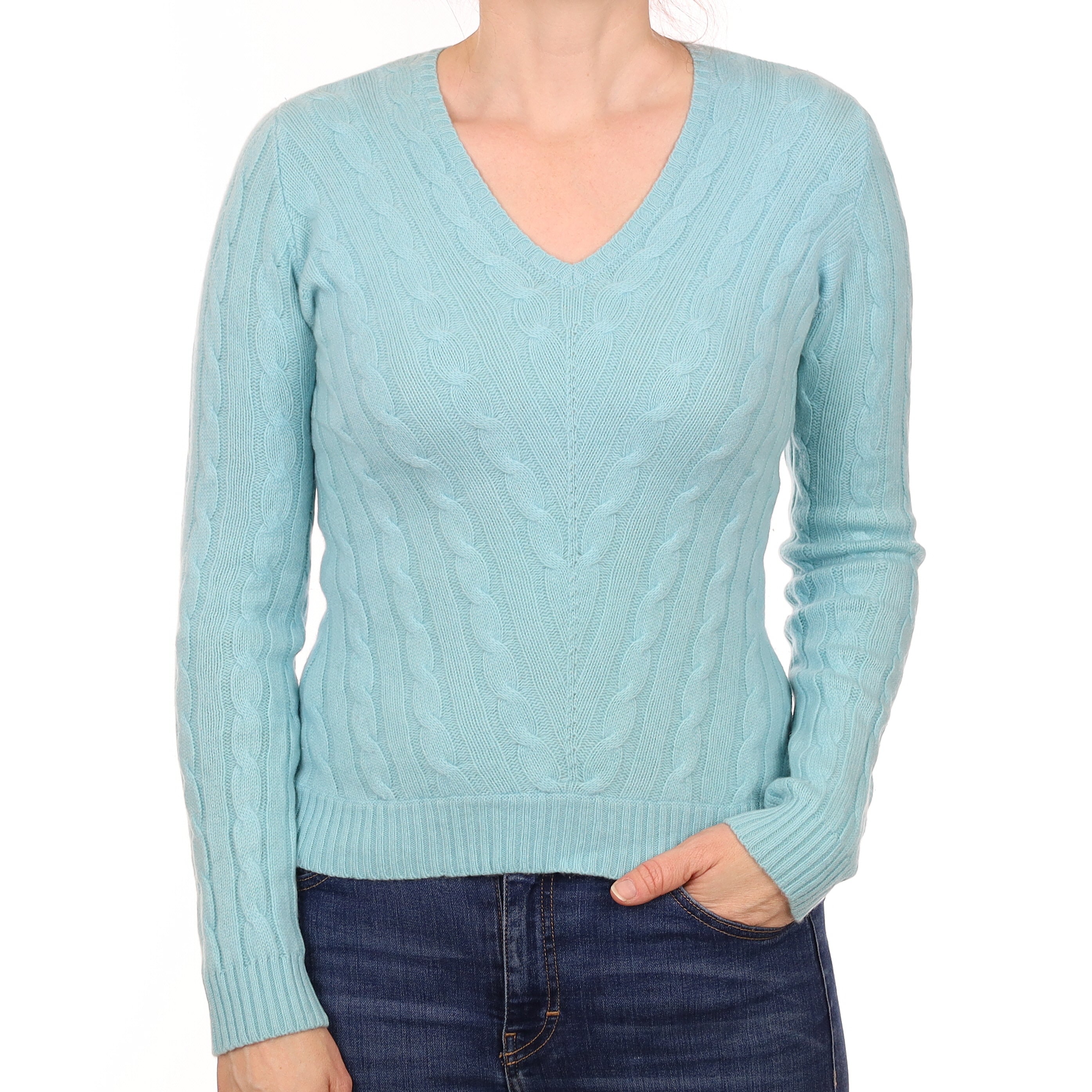 Aqua Blue Cable Cashmere V Neck Jumper Small