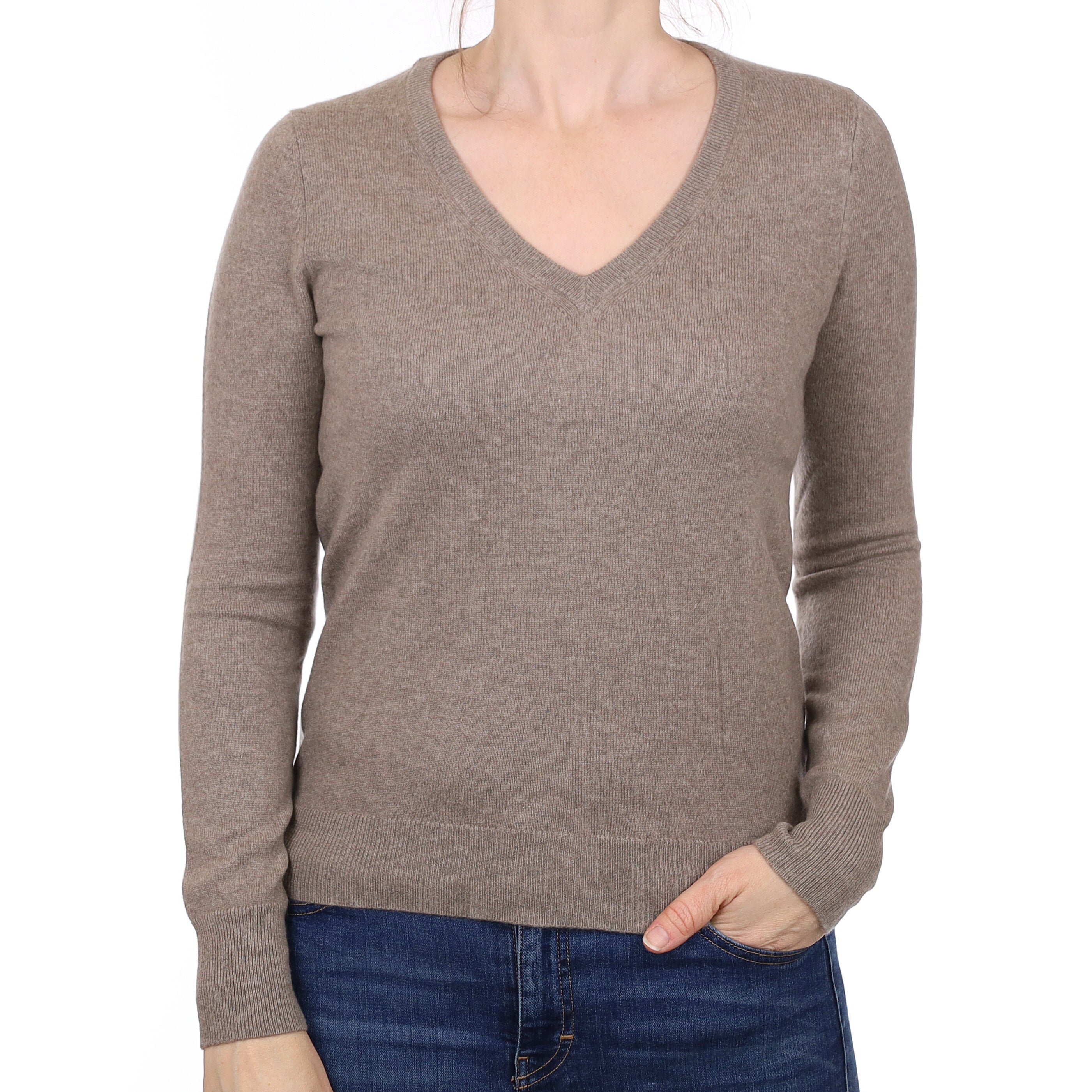 Mink Brown Cashmere V Neck Jumper Small