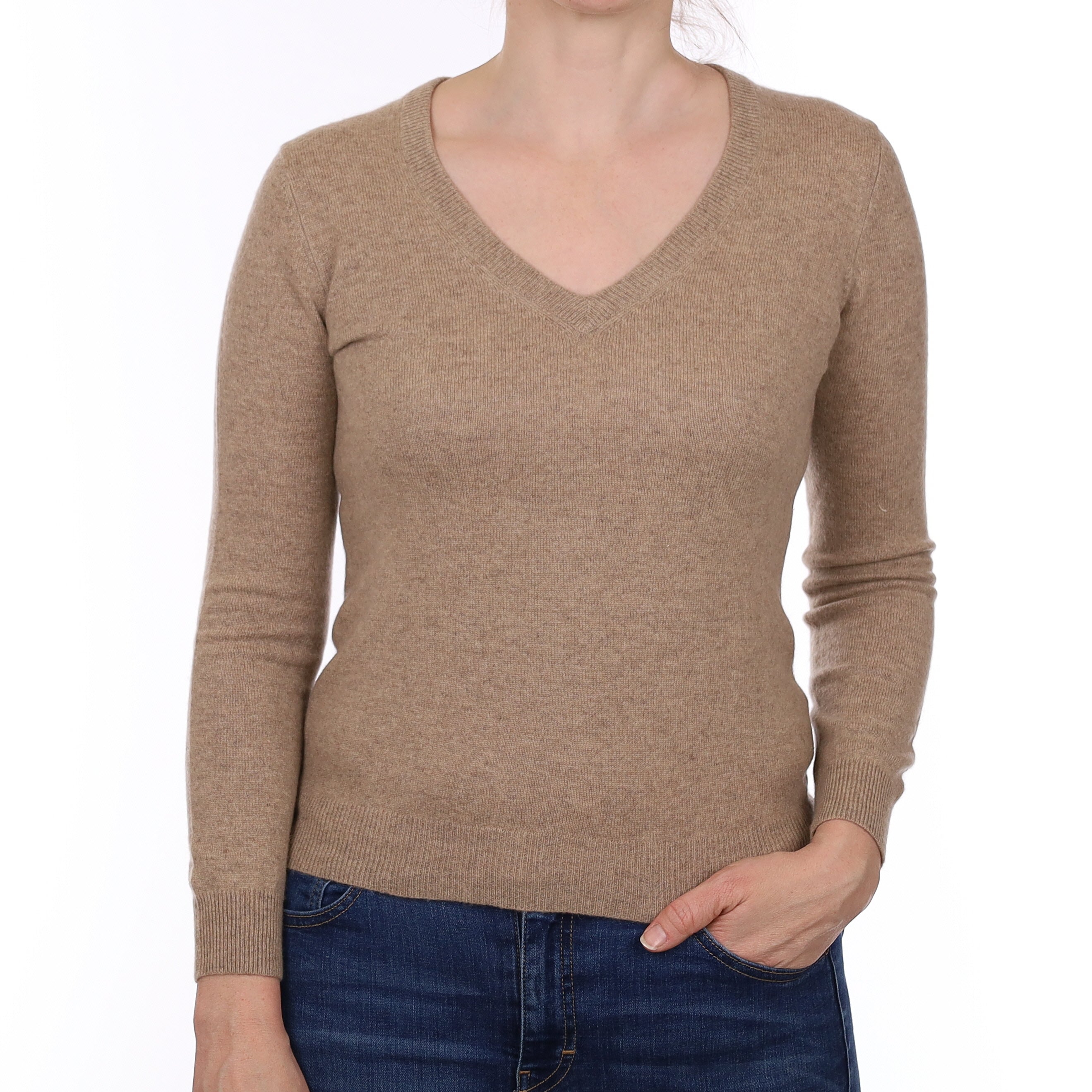 Biscuit Brown Cashmere V Neck Jumper Small