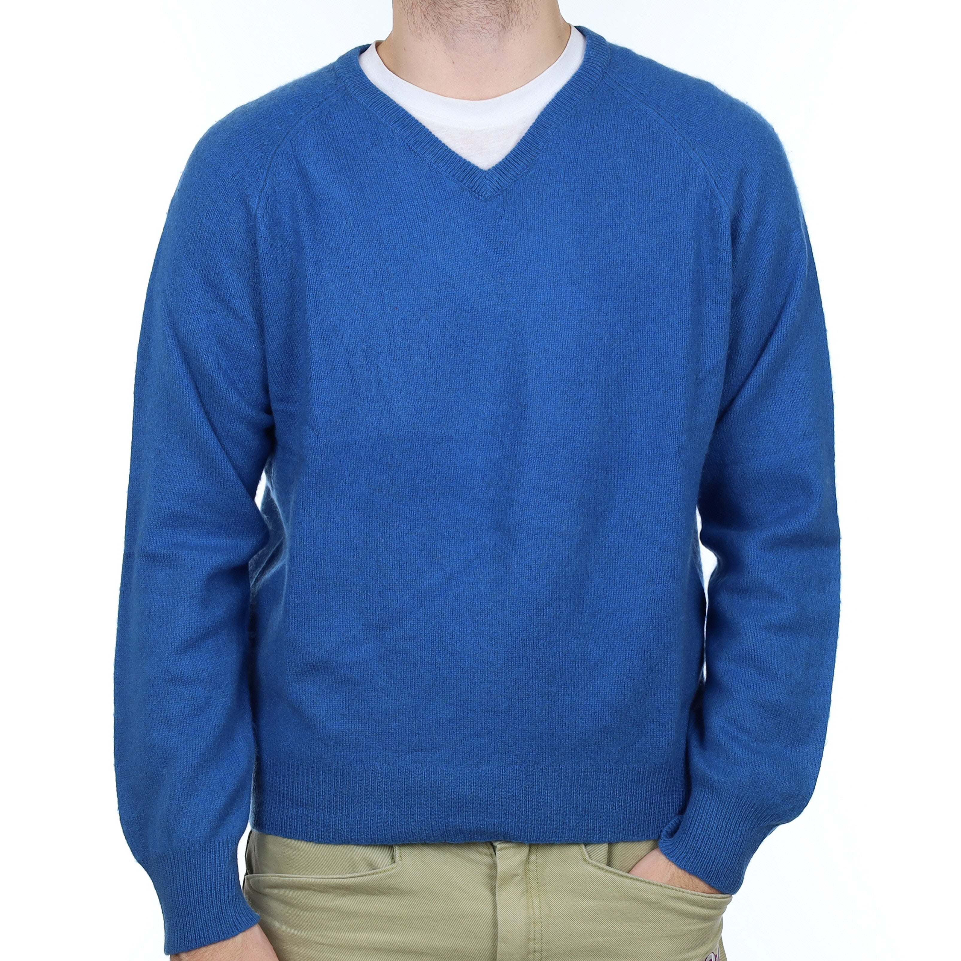 Men's Ocean Blue Cashmere V Neck Jumper Large