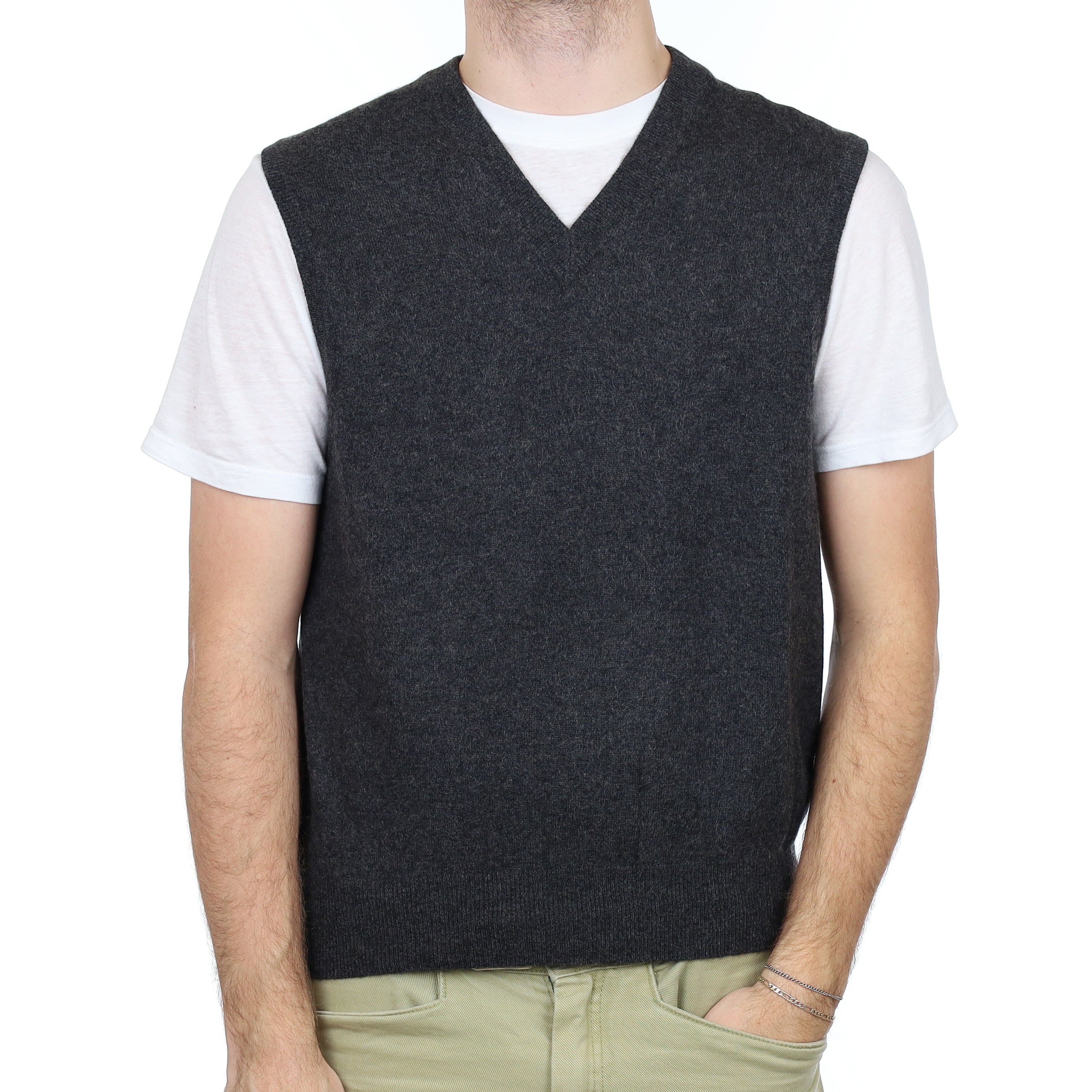 Men's Granite Grey Cashmere V Neck Tank Top Large