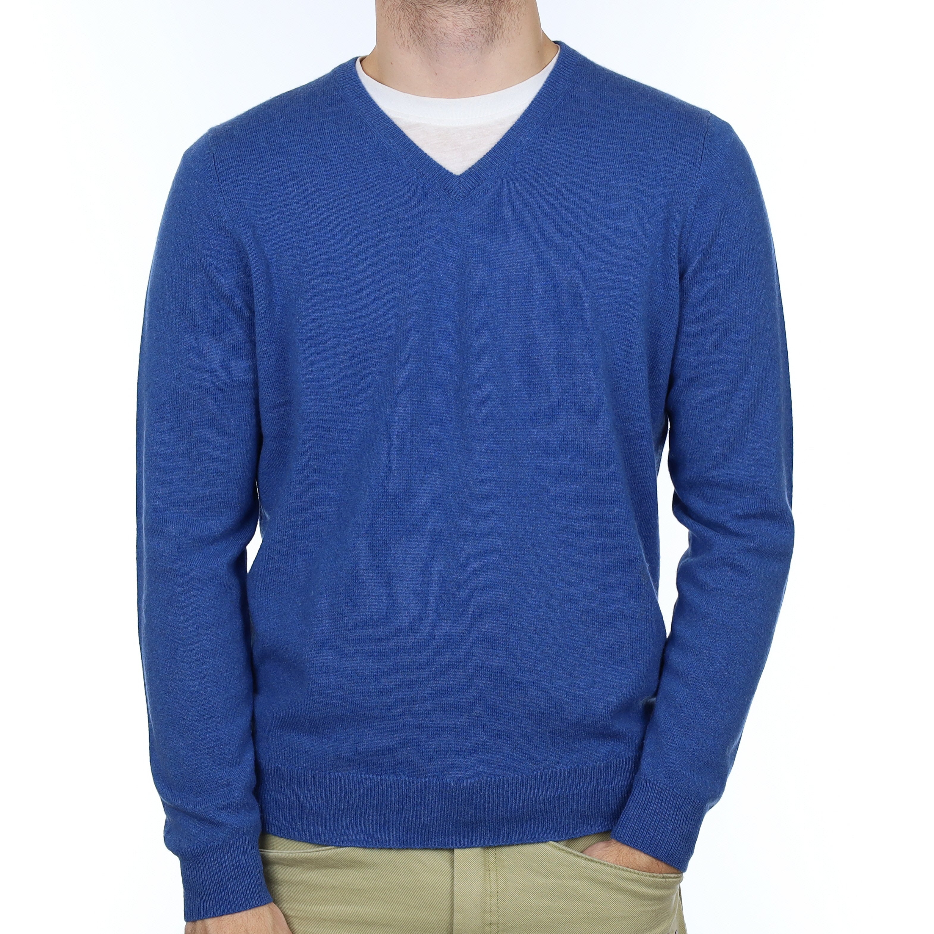 Men's Tanzanite Blue Cashmere V Neck Jumper Medium