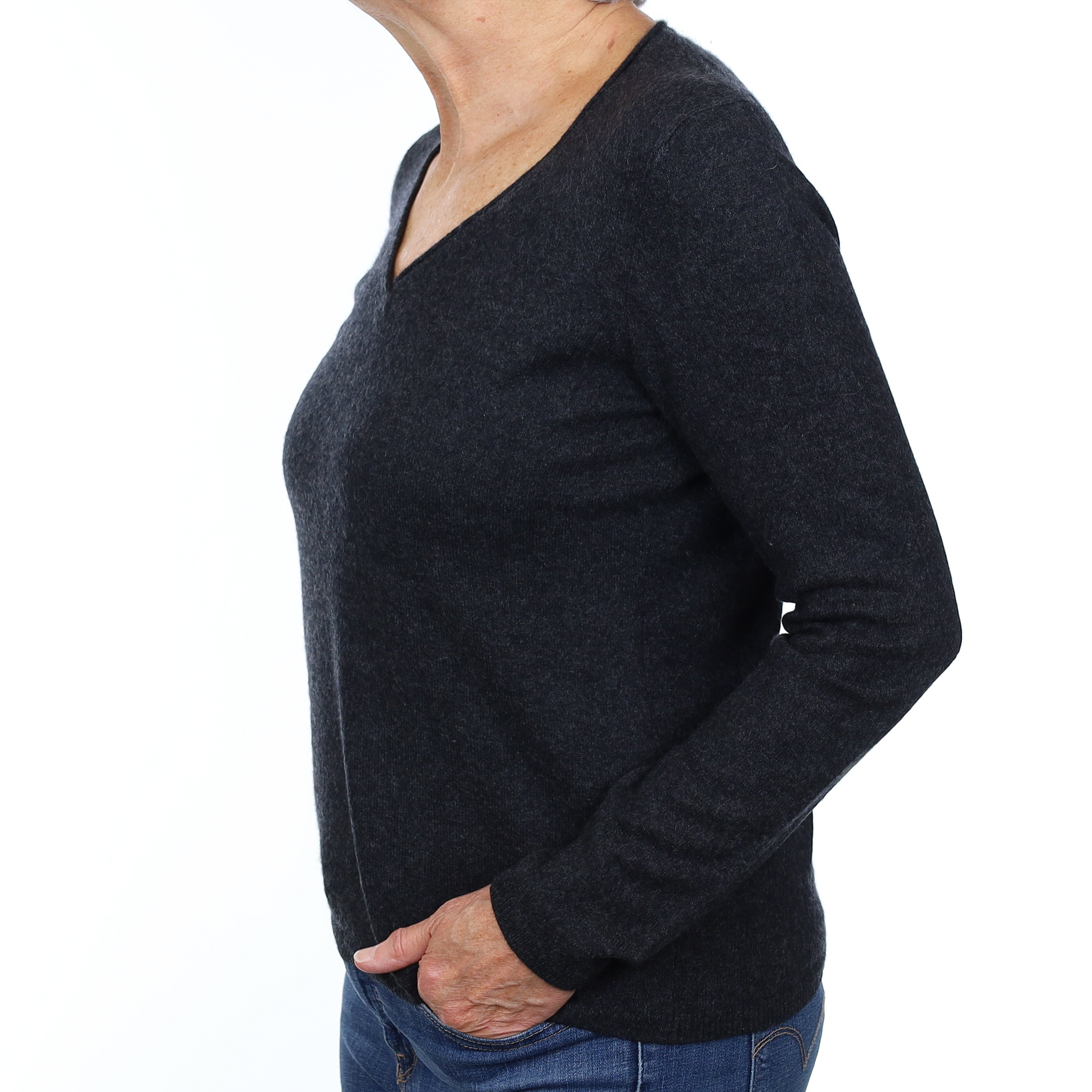 Charcoal Grey Cashmere V Neck Jumper Medium