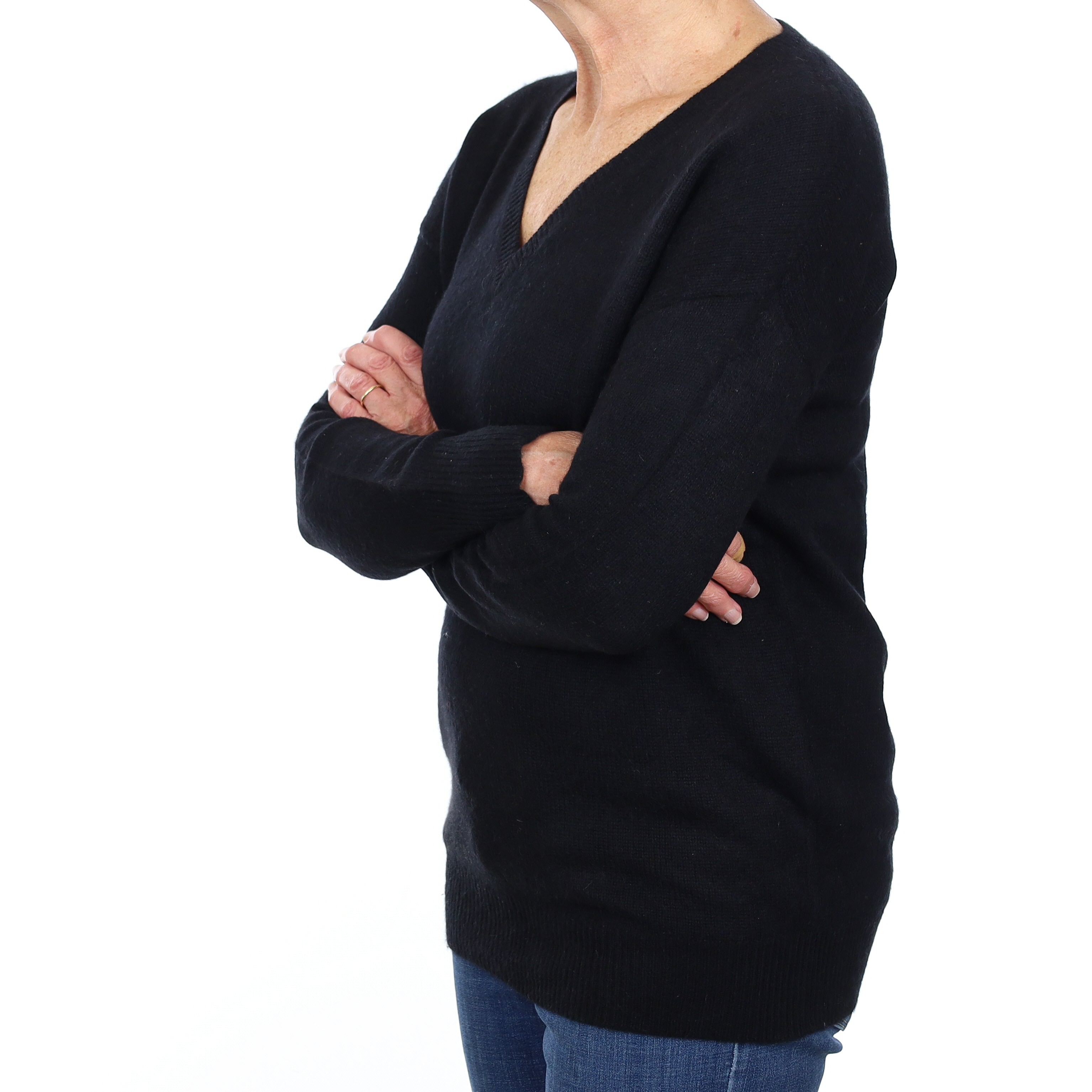 Black Cashmere V Neck Heavy Knit Jumper Medium