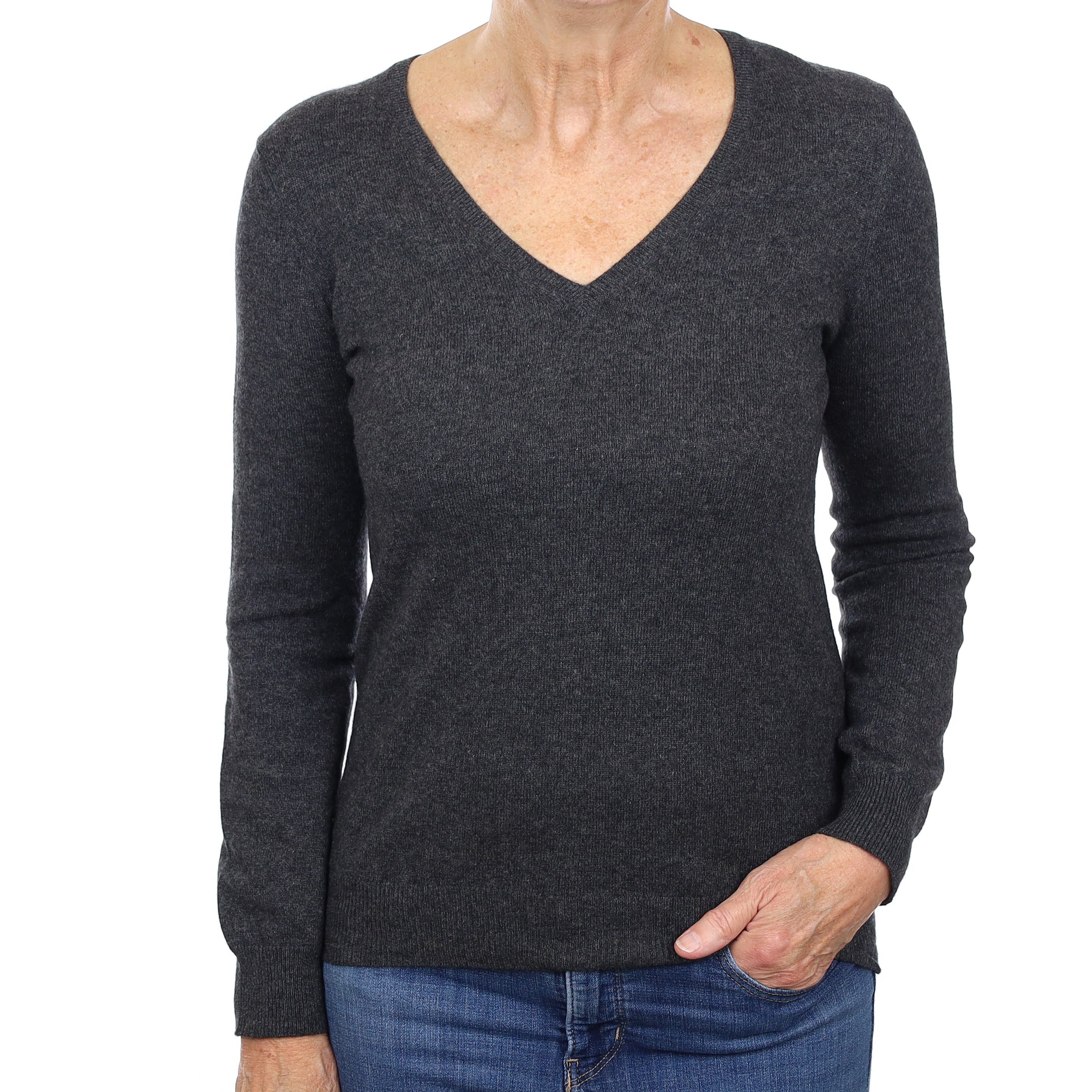 Charcoal Grey Cashmere V Neck Jumper Medium