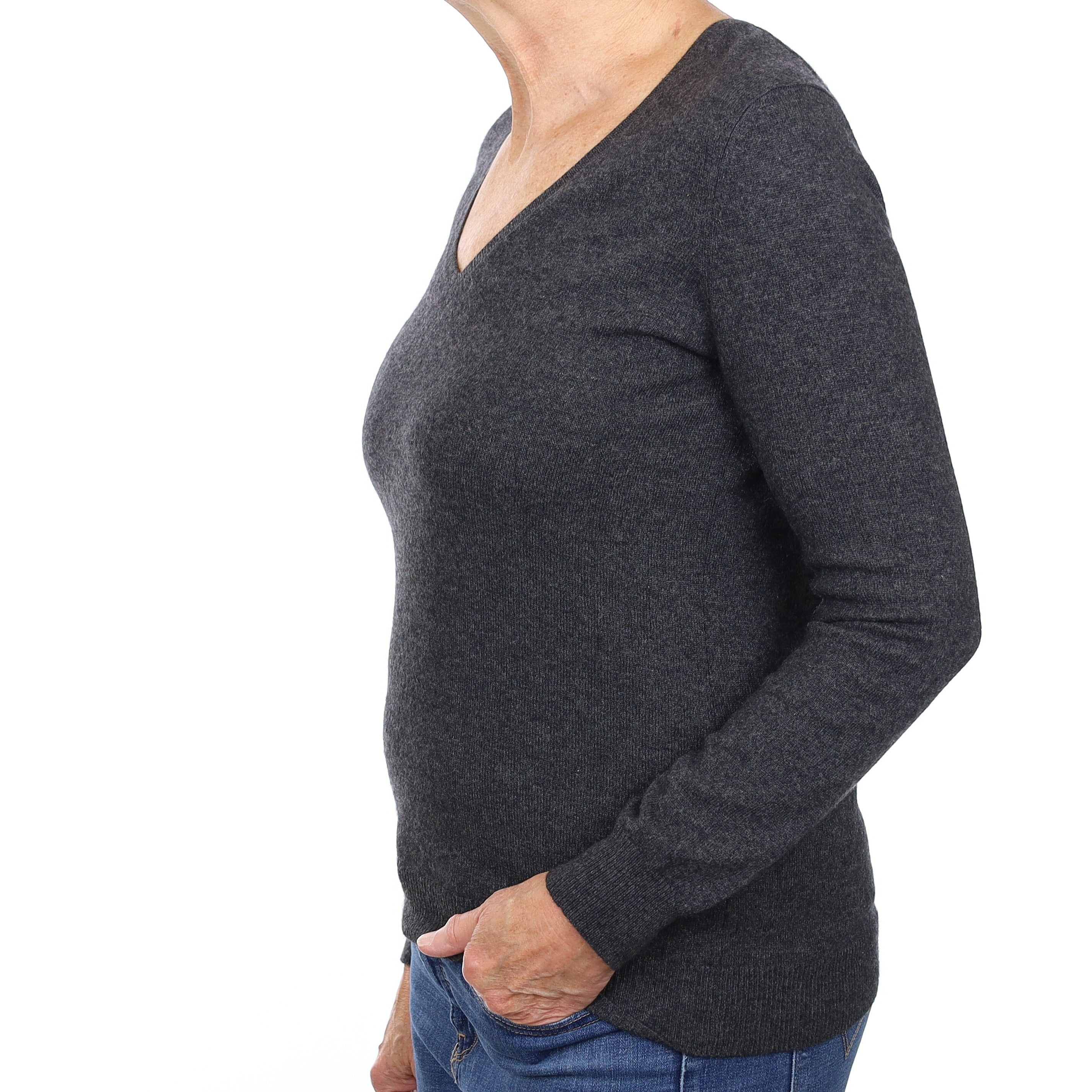 Charcoal Grey Cashmere V Neck Jumper Medium