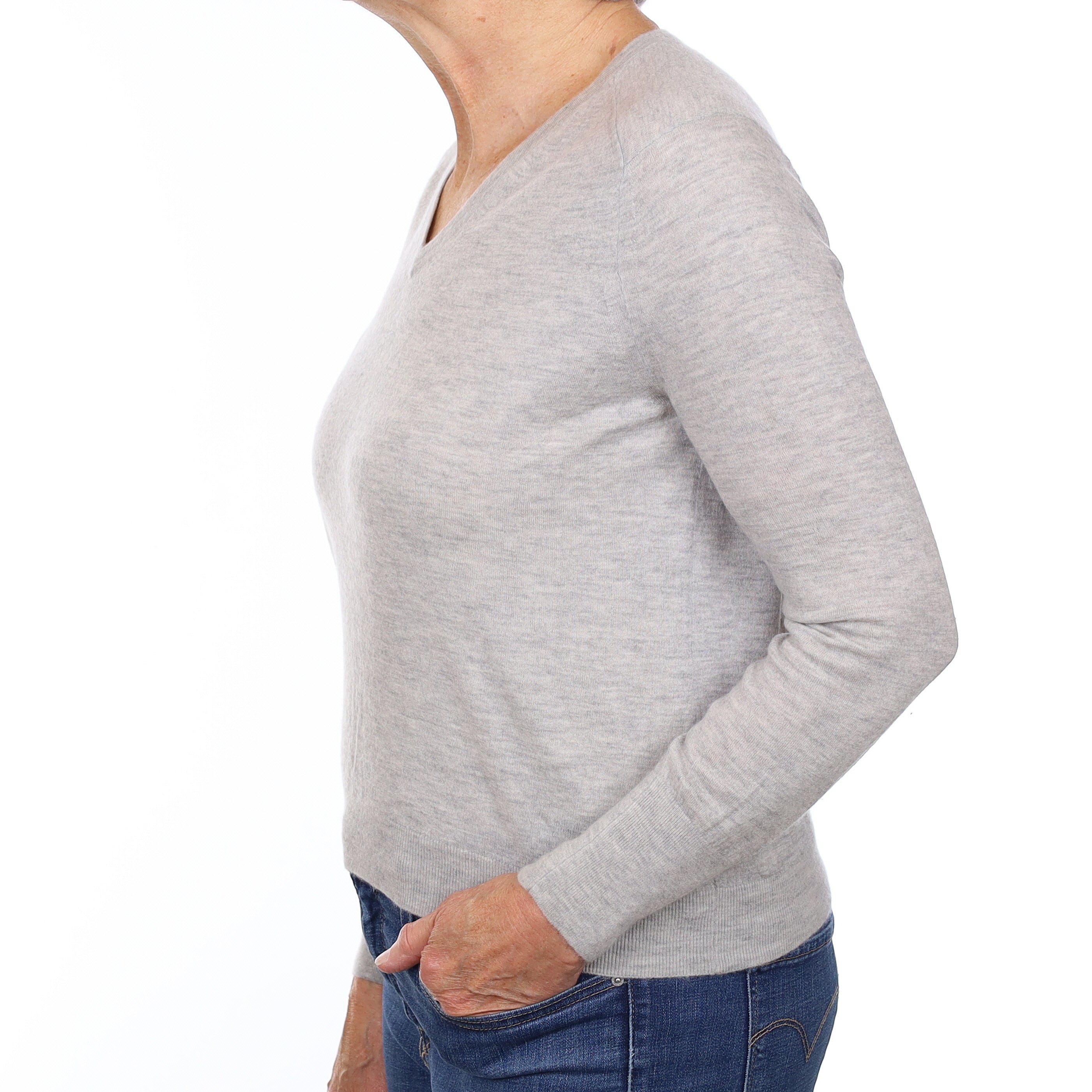 Mist Grey Cashmere V Neck Fine Knit Jumper Medium