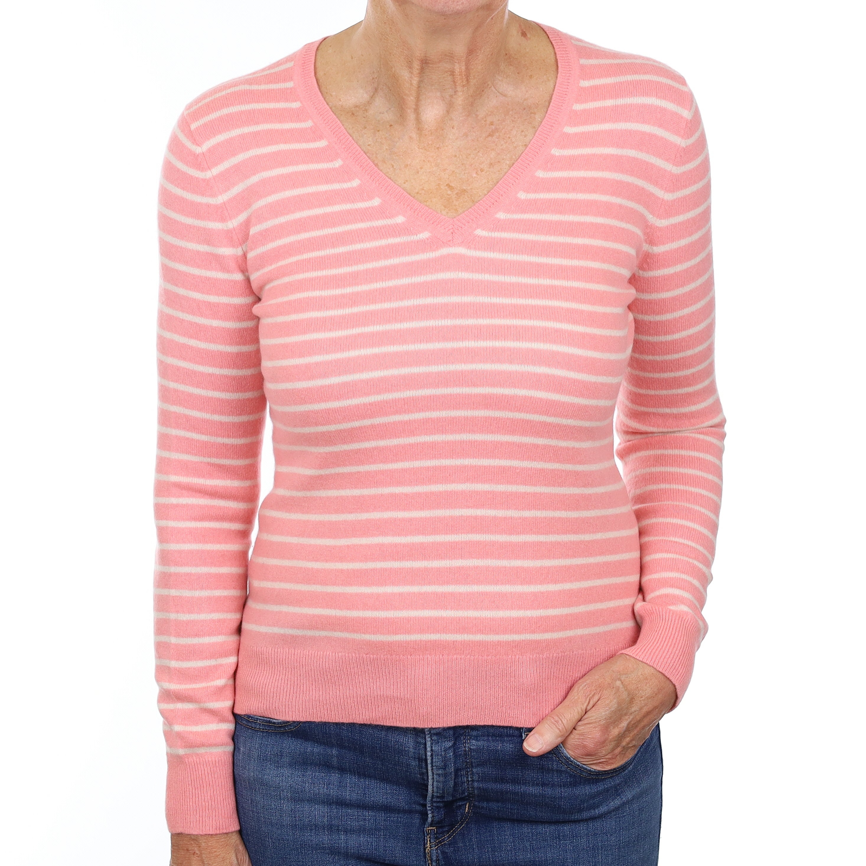 Sugar Mouse Pink Striped Cashmere V Neck Jumper Medium