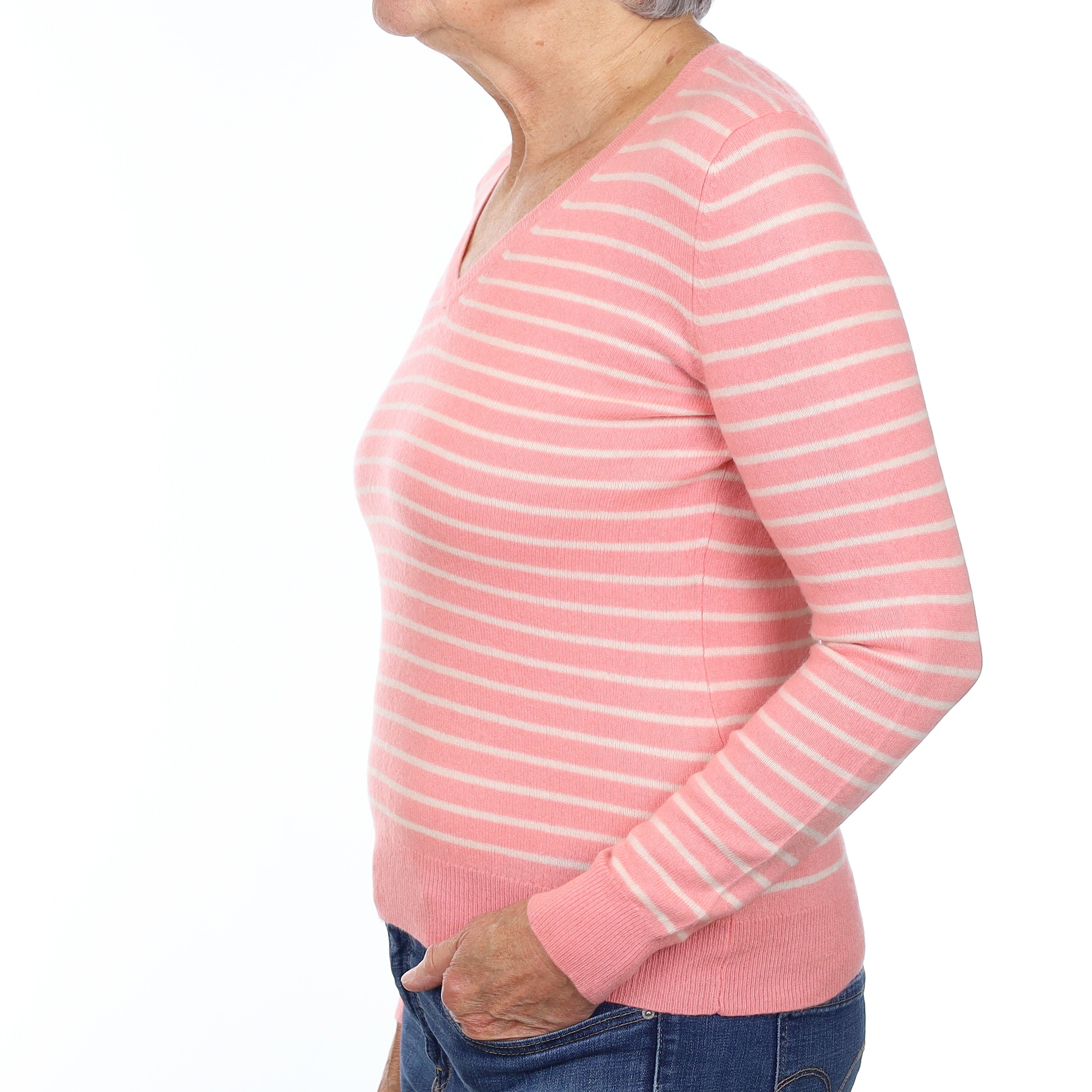 Sugar Mouse Pink Striped Cashmere V Neck Jumper Medium