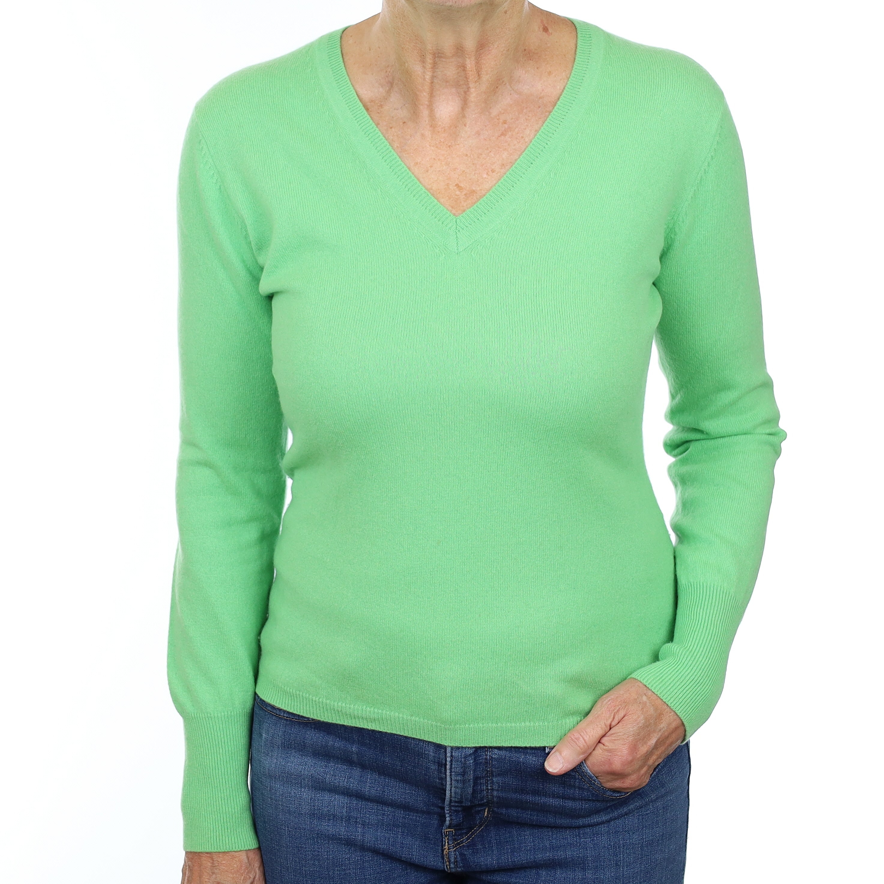 Neon Green Cashmere V Neck Jumper Medium