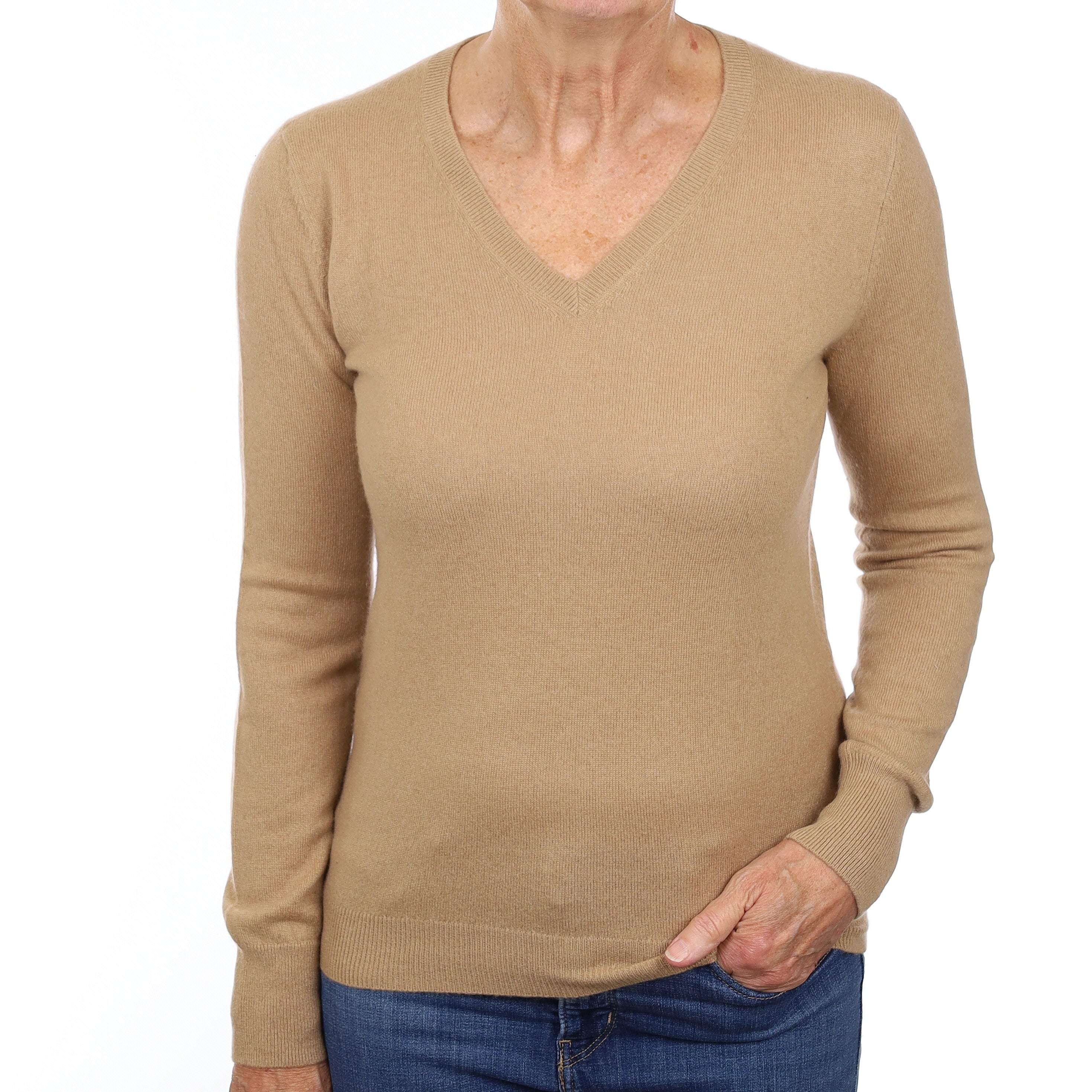 Caramel Brown Cashmere V Neck Jumper Medium