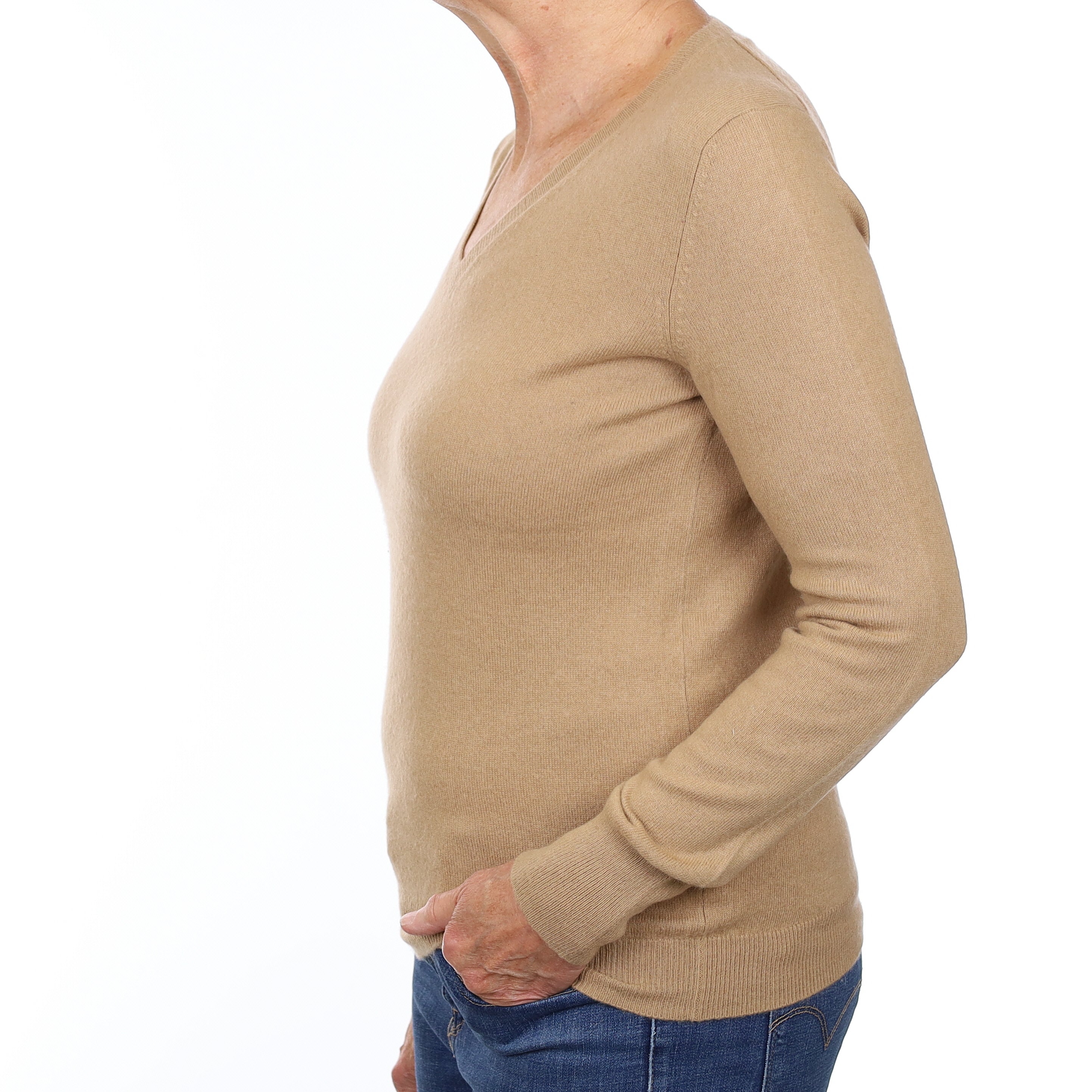 Caramel Brown Cashmere V Neck Jumper Medium