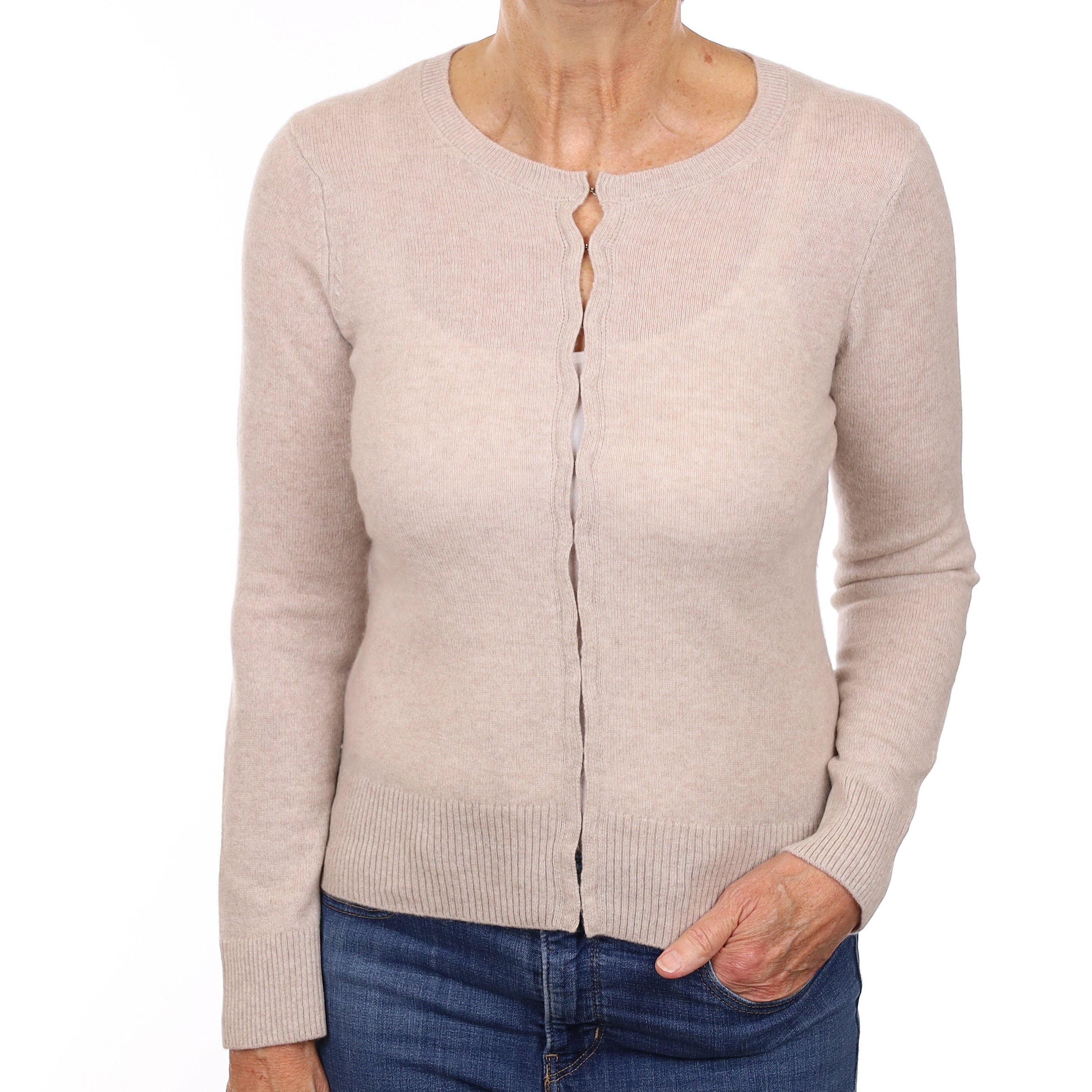 Oatmeal Beige Cashmere Crew Neck Cardigan Medium