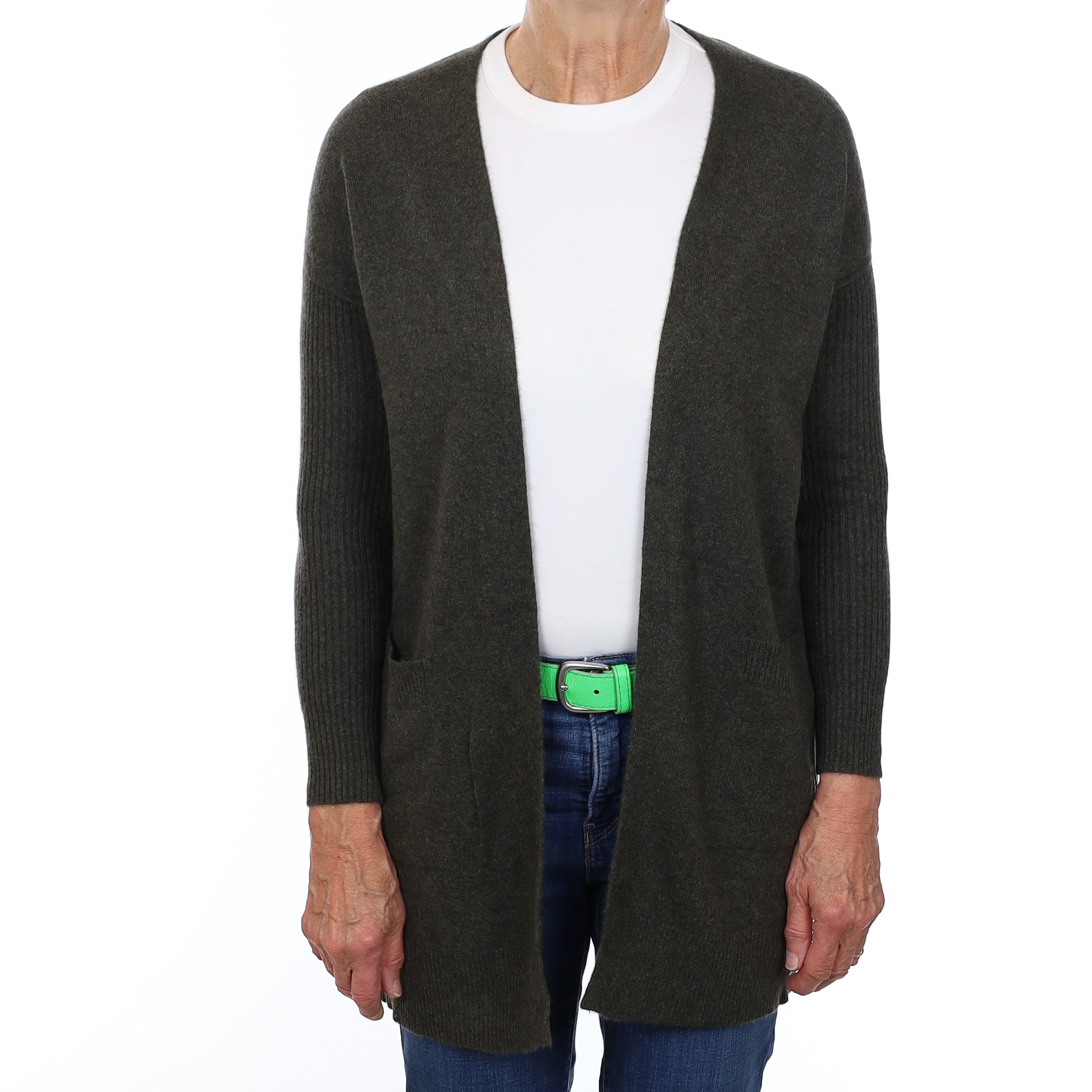 Deep Khaki Longline Cashmere Edge to Edge Cardigan with Pockets Medium