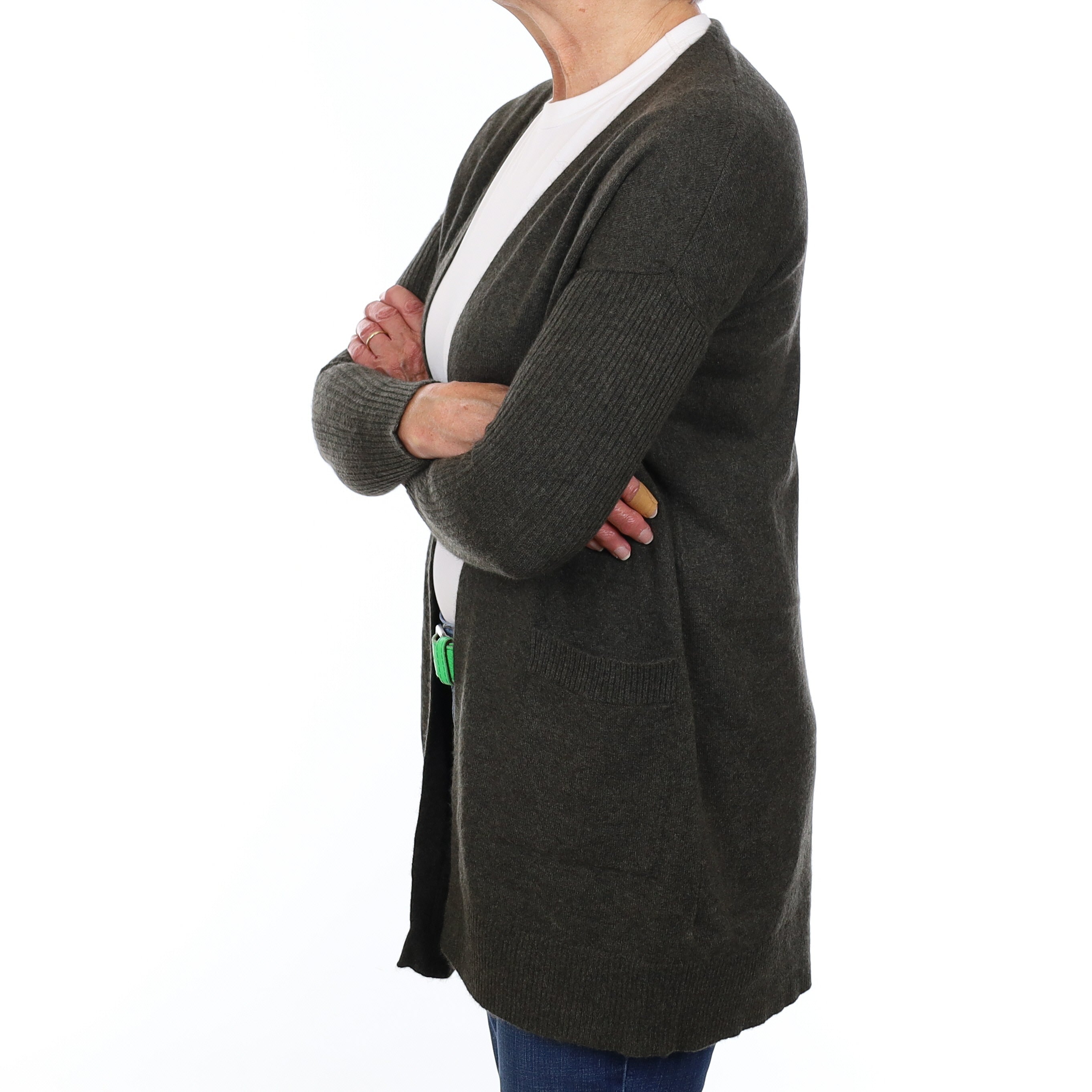 Deep Khaki Longline Cashmere Edge to Edge Cardigan with Pockets Medium