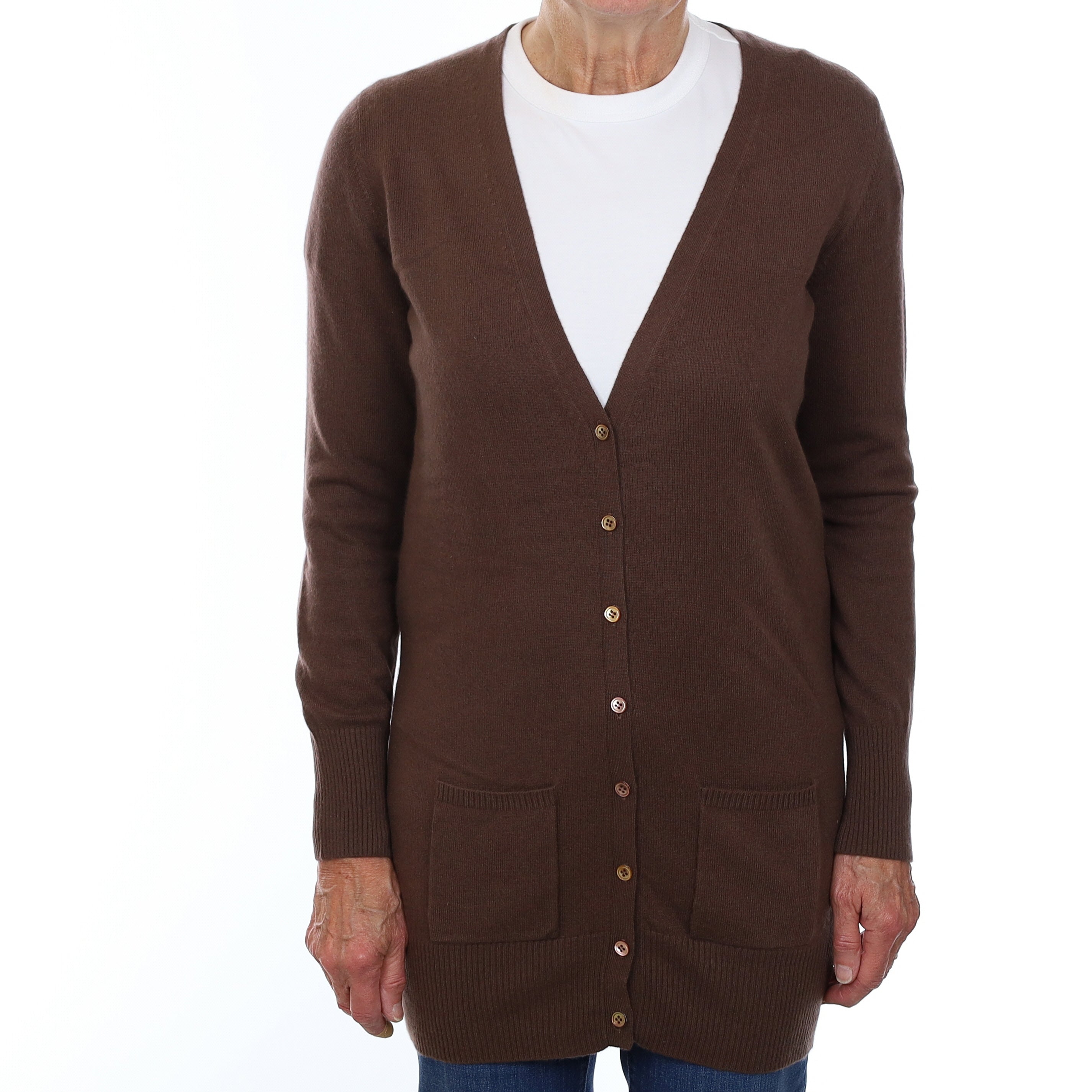 Milk Chocolate Brown Cashmere Longline Cardigan with Pockets Medium