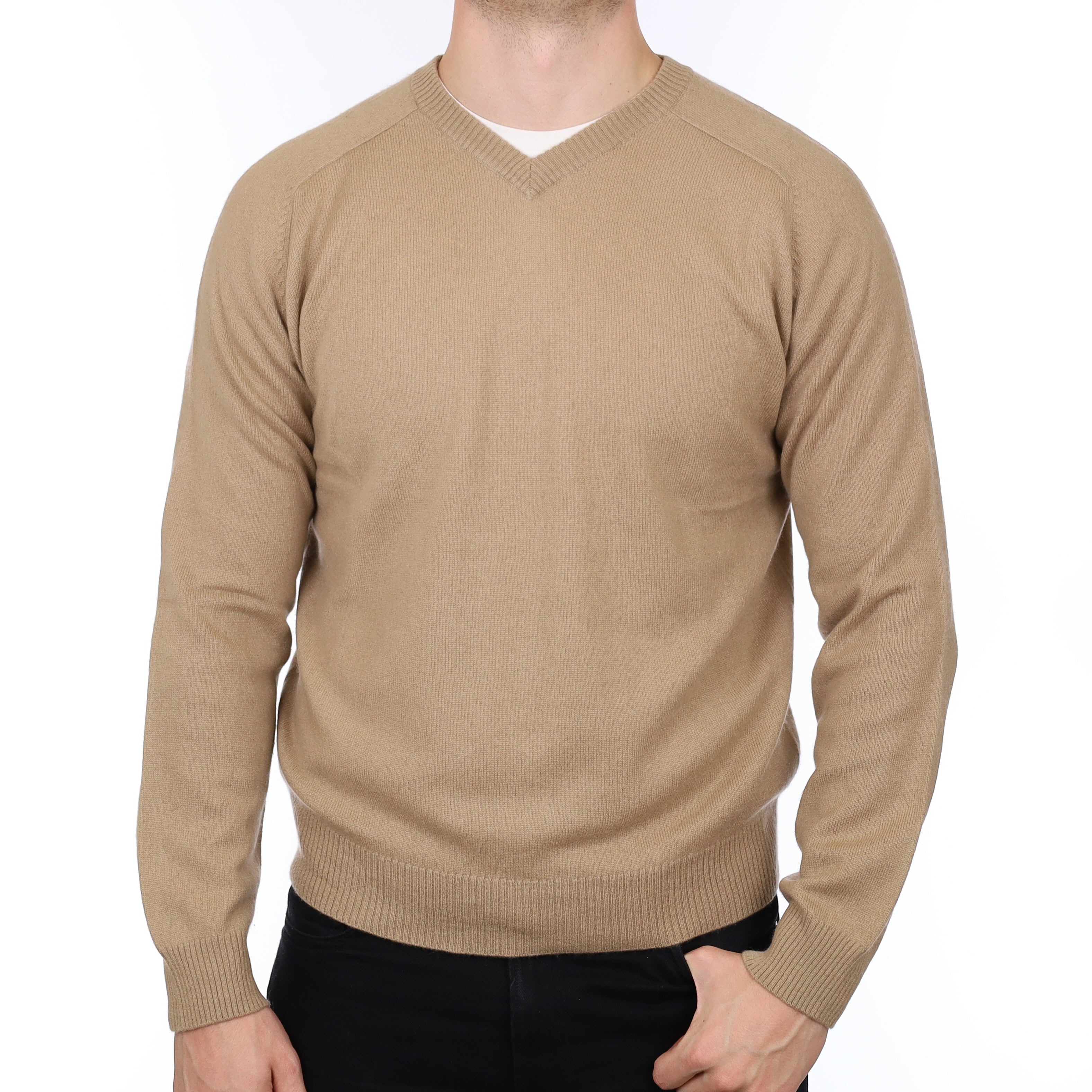 Men's Camel Brown Cashmere V Neck Jumper XL