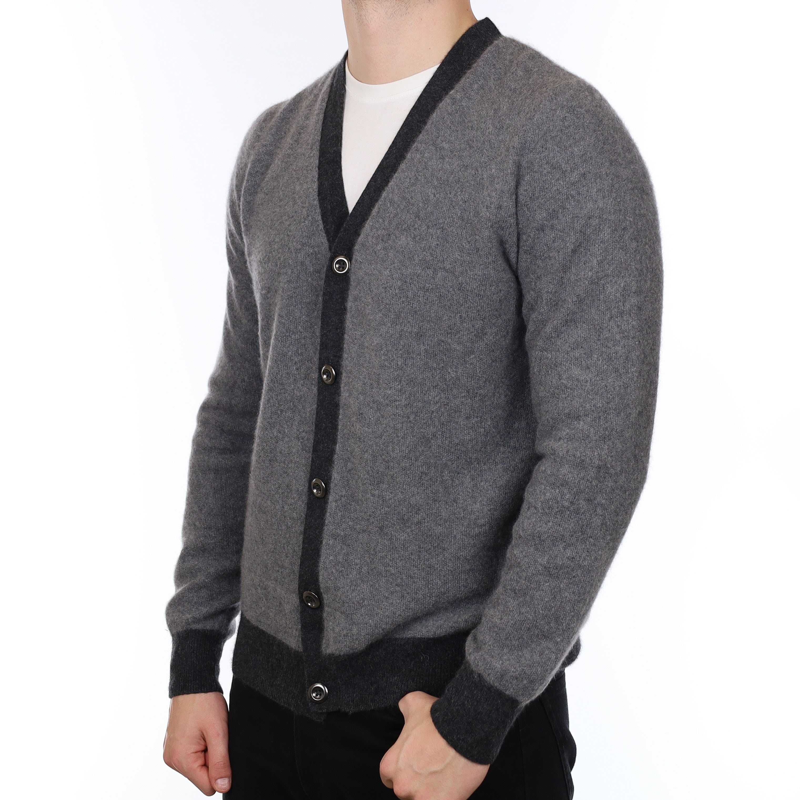 Men's Two Tone Grey Cashmere V Neck Cardigan XL