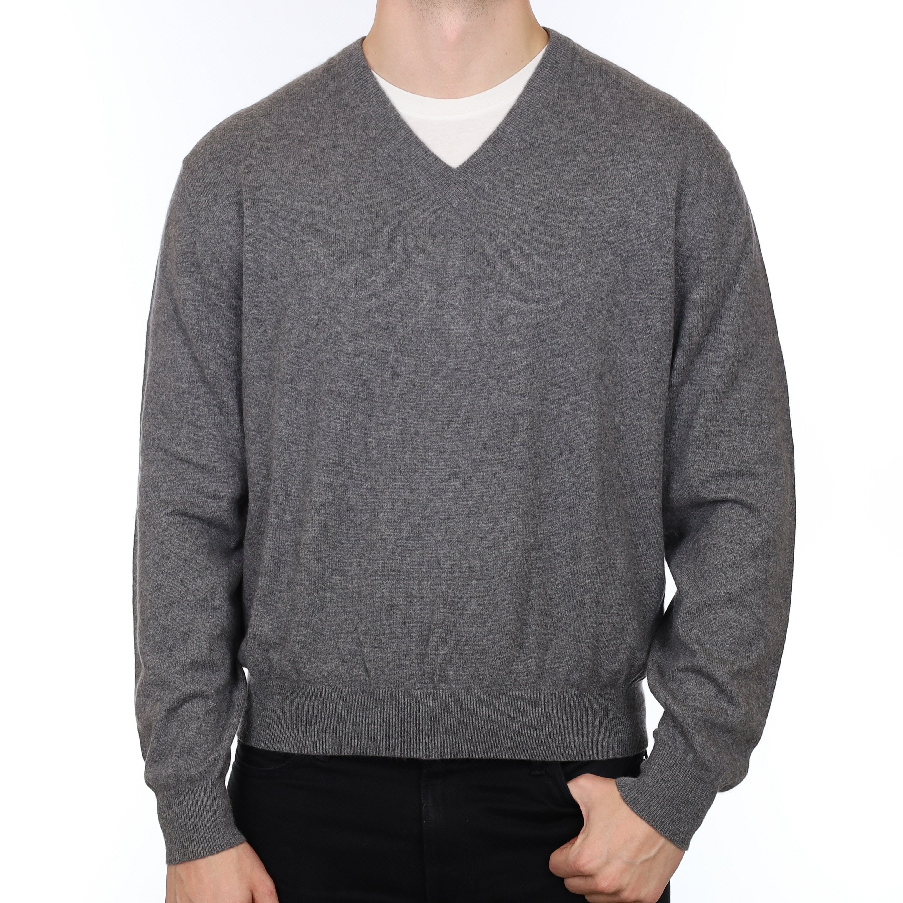 Men's Ash Grey Cashmere V Neck Jumper XL