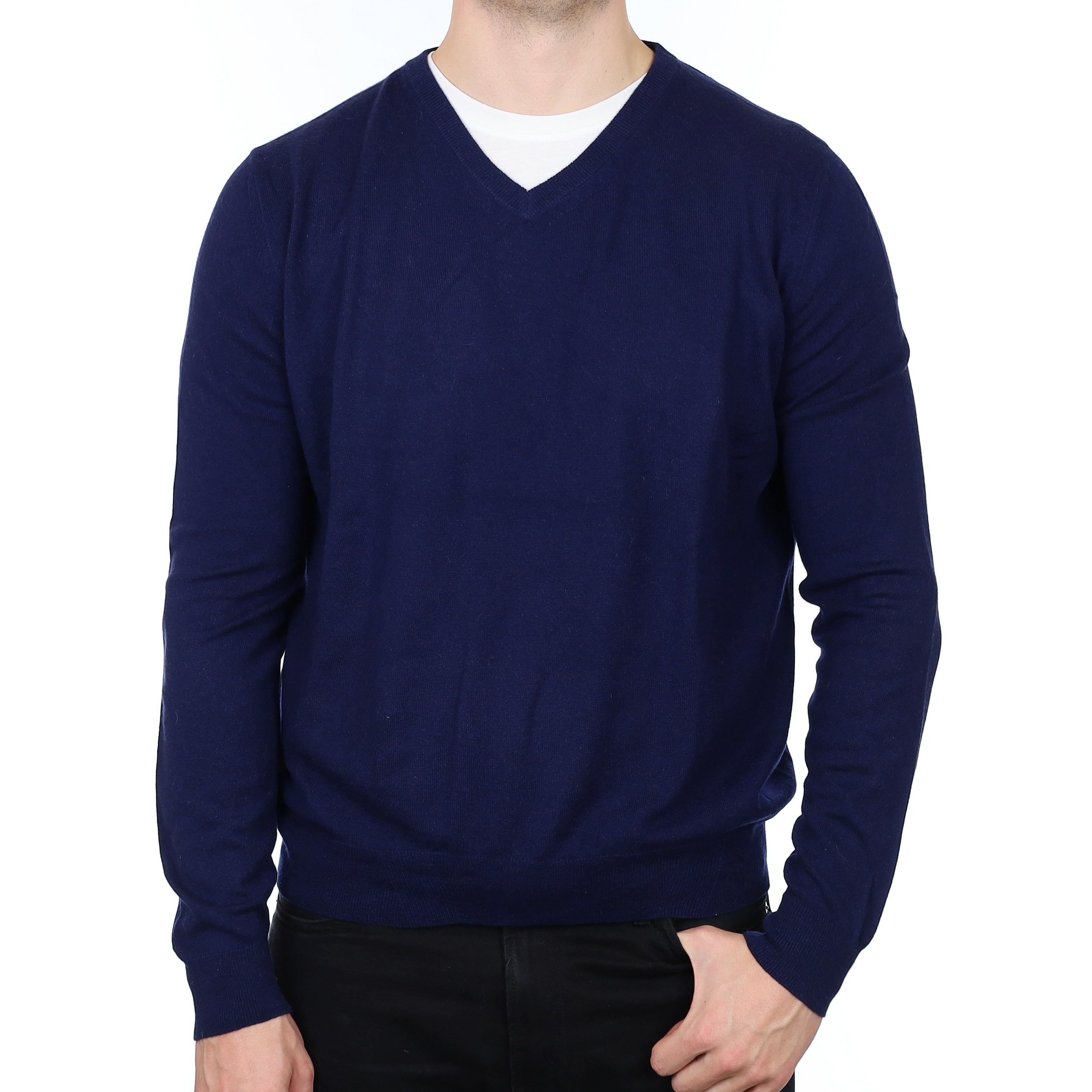 Men's Italian Canali Navy Cashmere V Neck Jumper XXL