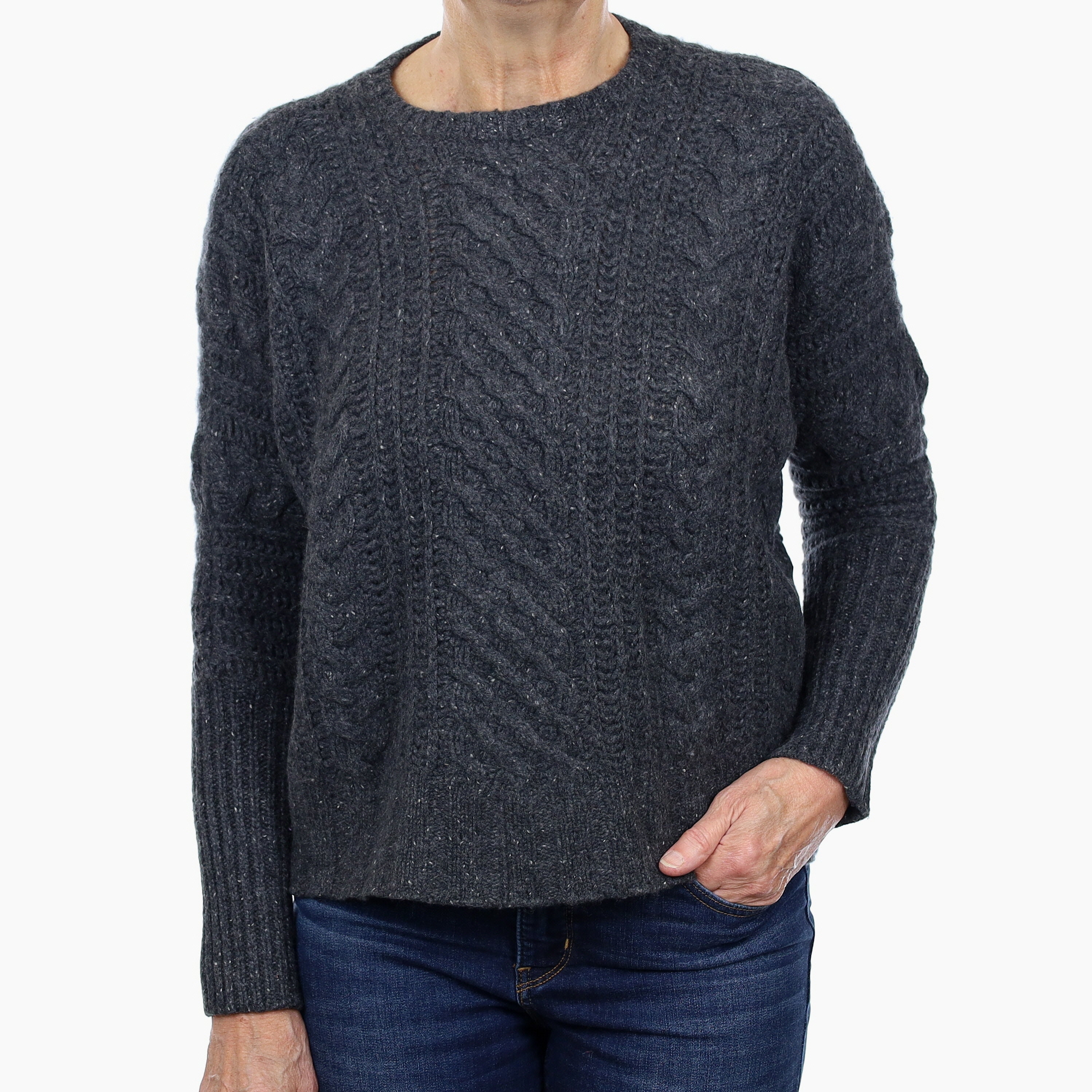 Granite Grey Flecked Cashmere Chunky Cable Crew Neck Jumper Medium