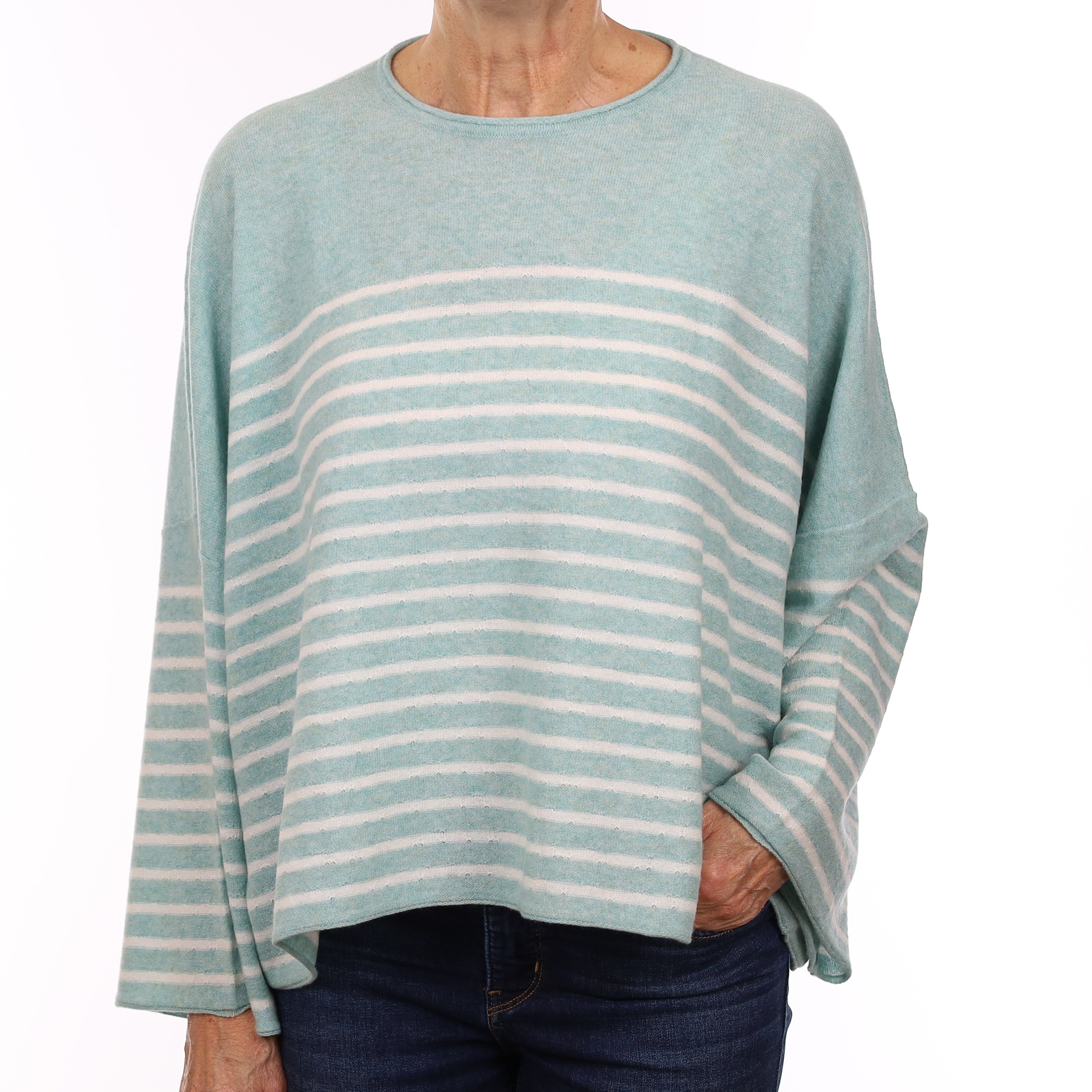 Brand New Scottish Mint Green Striped Cashmere Slouchy Crew Neck Jumper Medium
