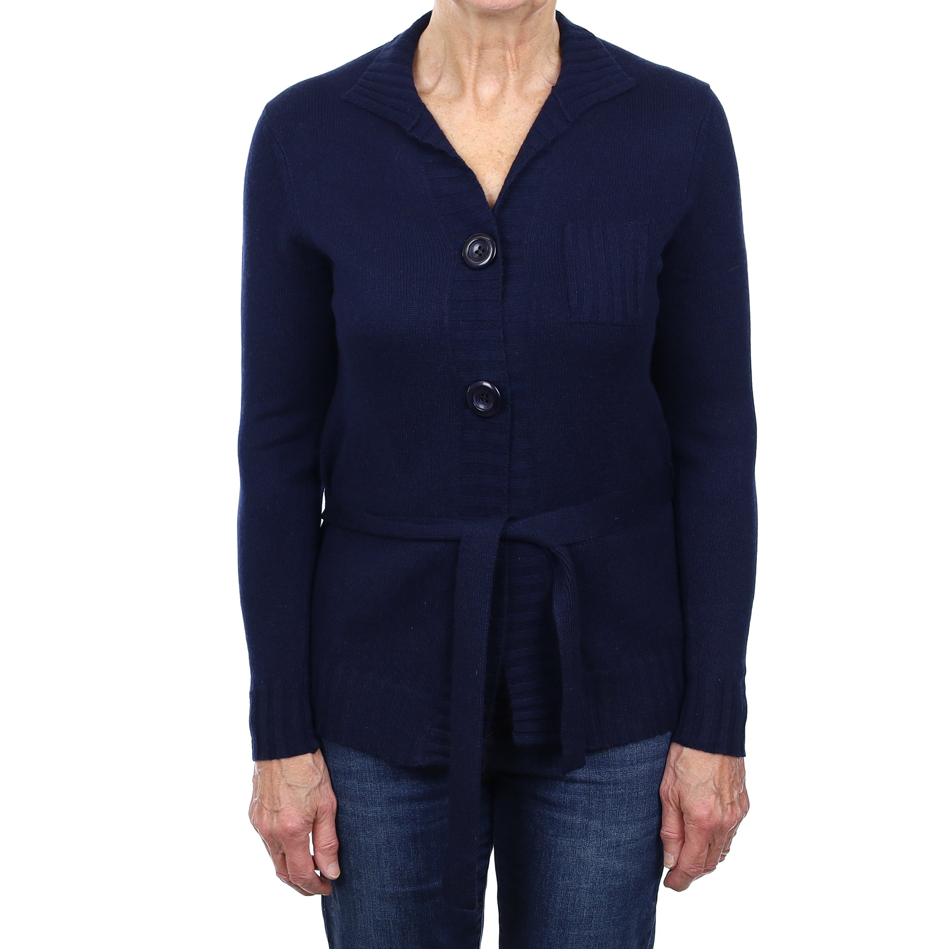 Navy Cashmere Longline Collared Cardigan with Belt Medium