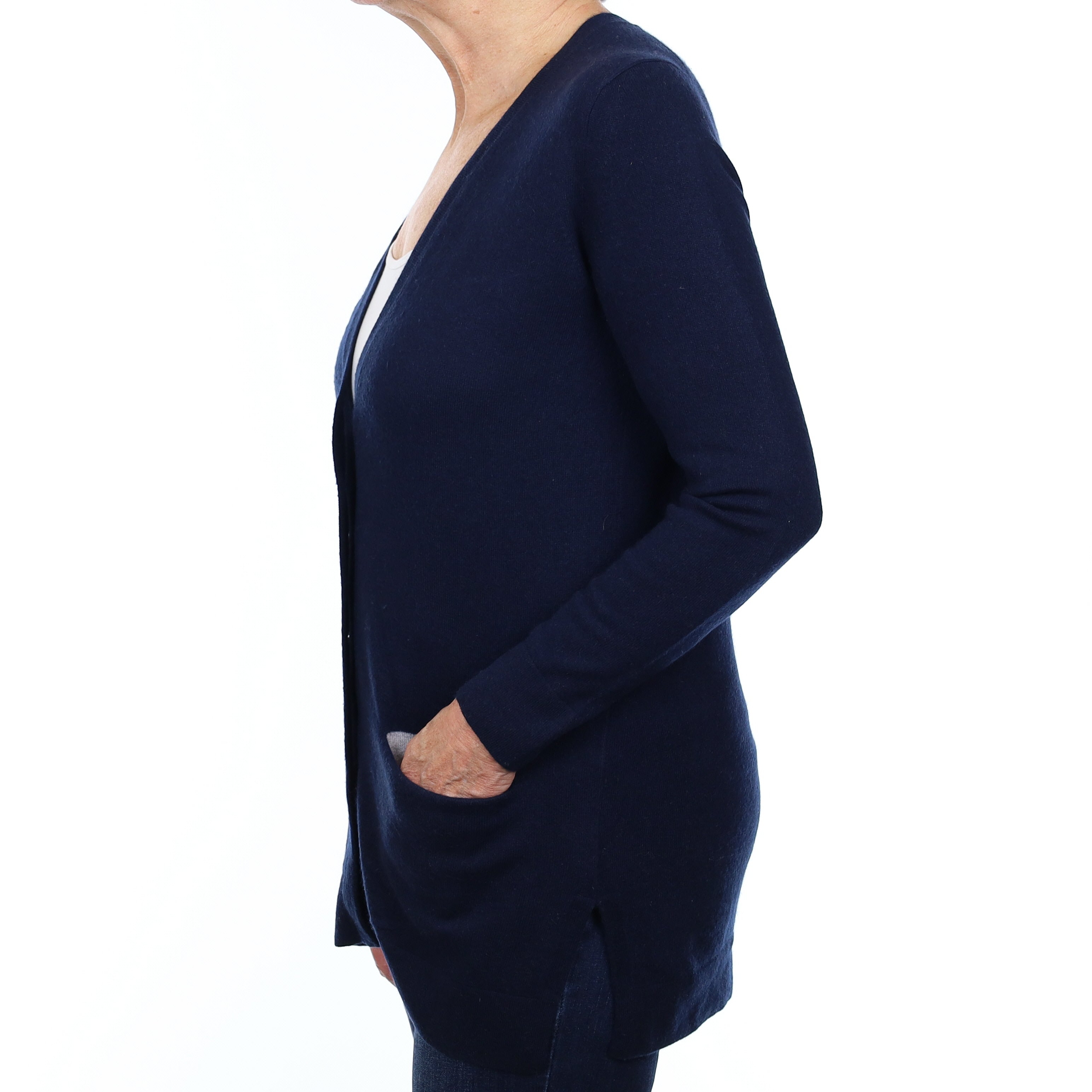 Navy Cashmere Longline V Neck Cardigan with Pockets Medium