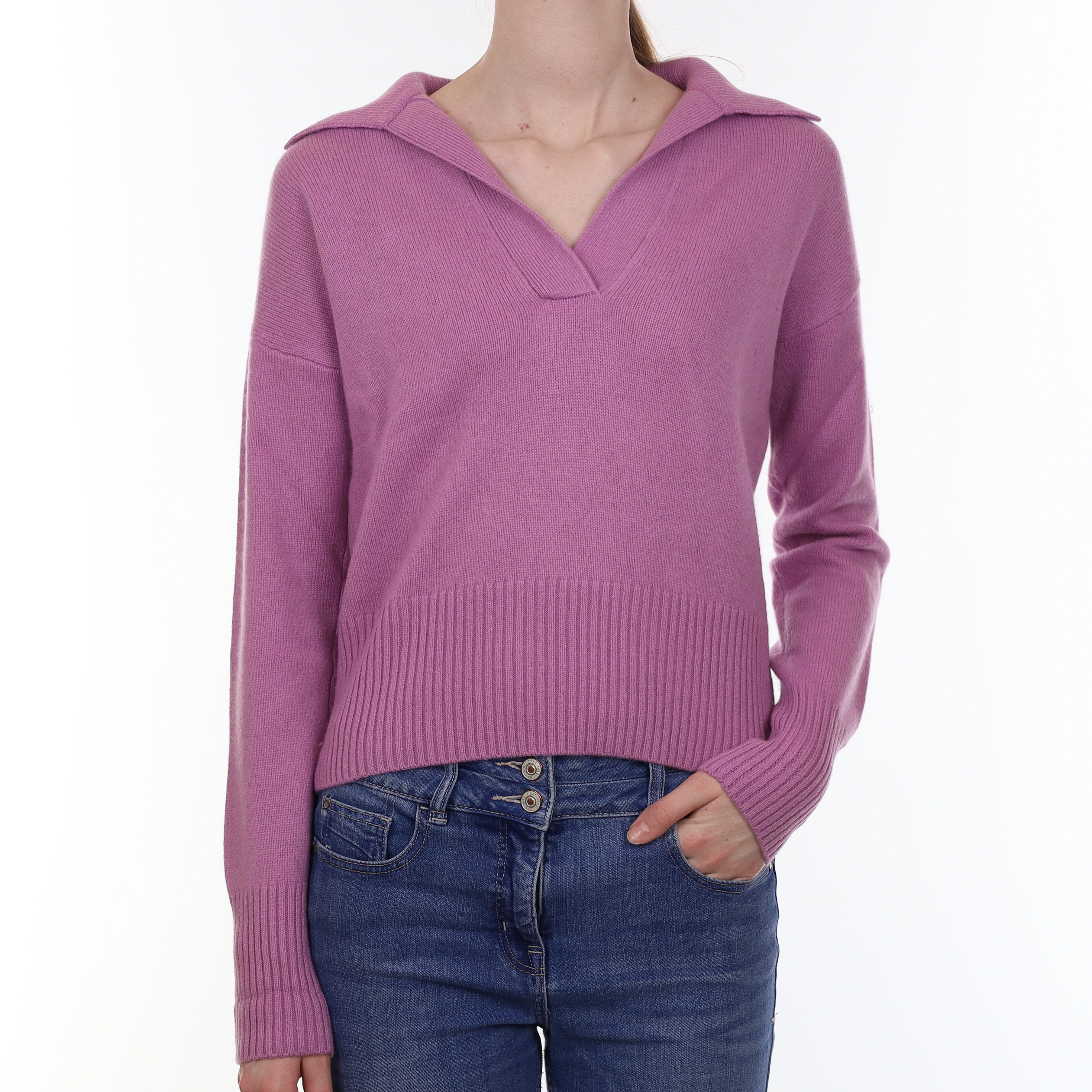 Mauve Purple Heavy Knit Cashmere Collared V Neck Jumper Extra Small