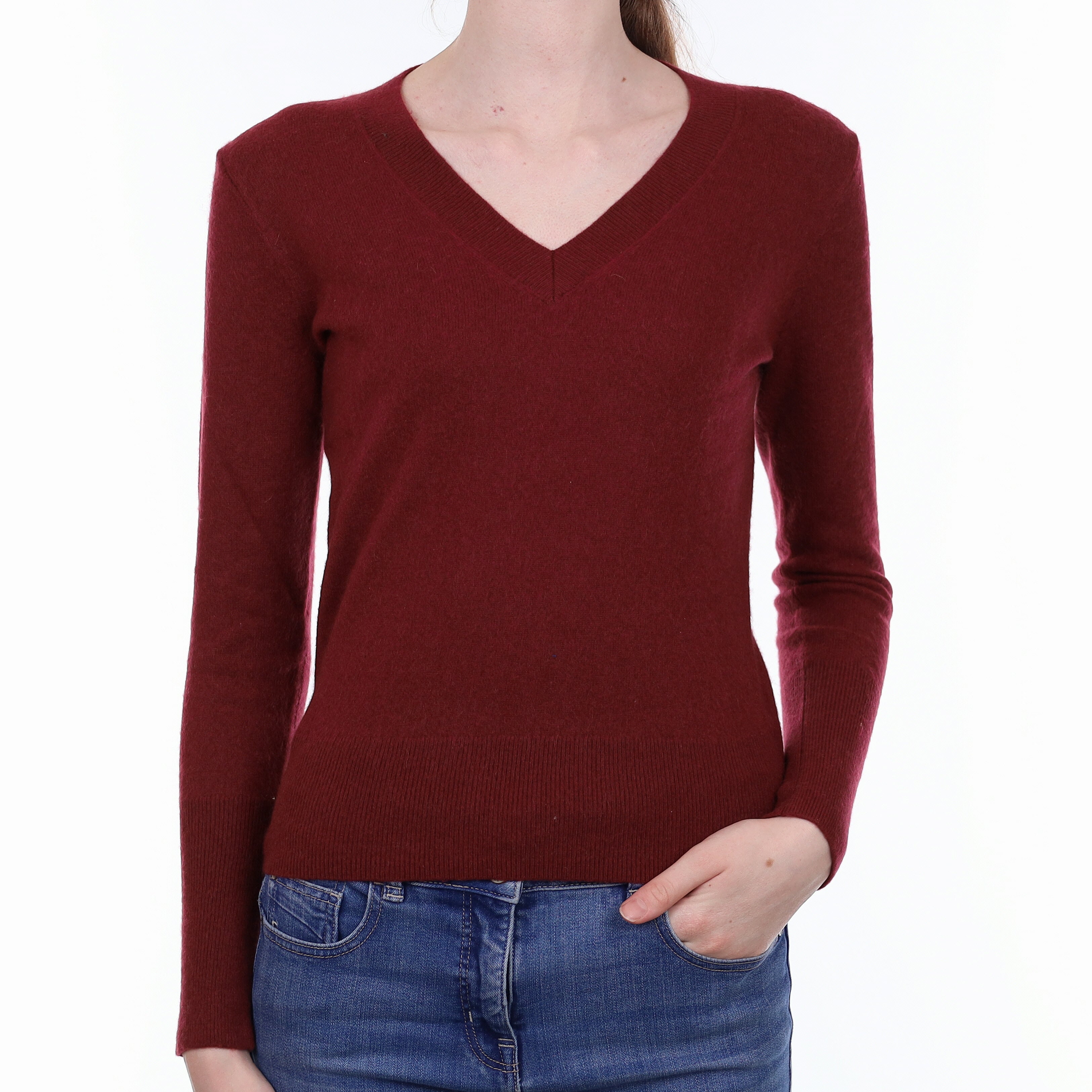 Maroon Red Cashmere V Neck Jumper Extra Small