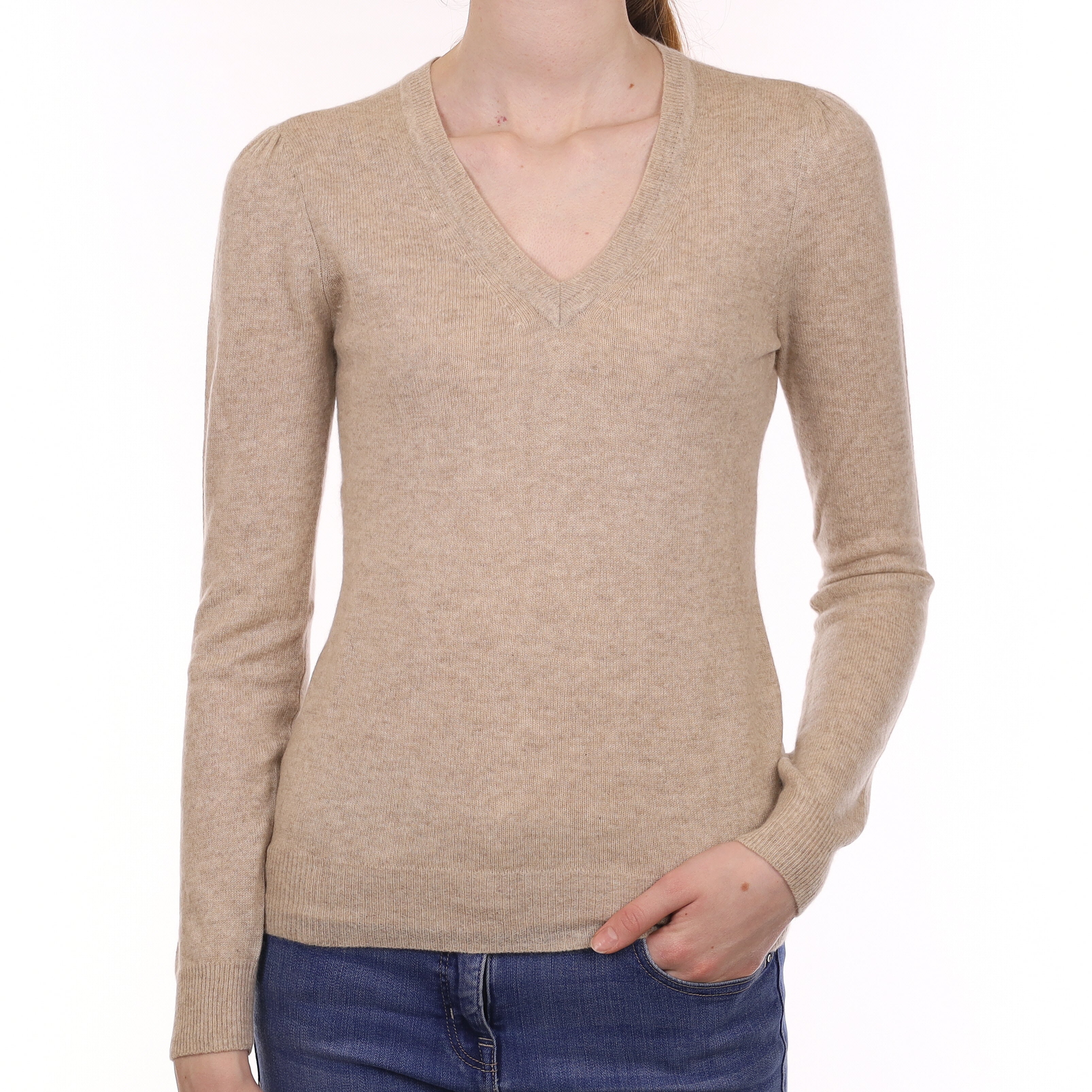 Biscuit Brown Cashmere V Neck Jumper Extra Small