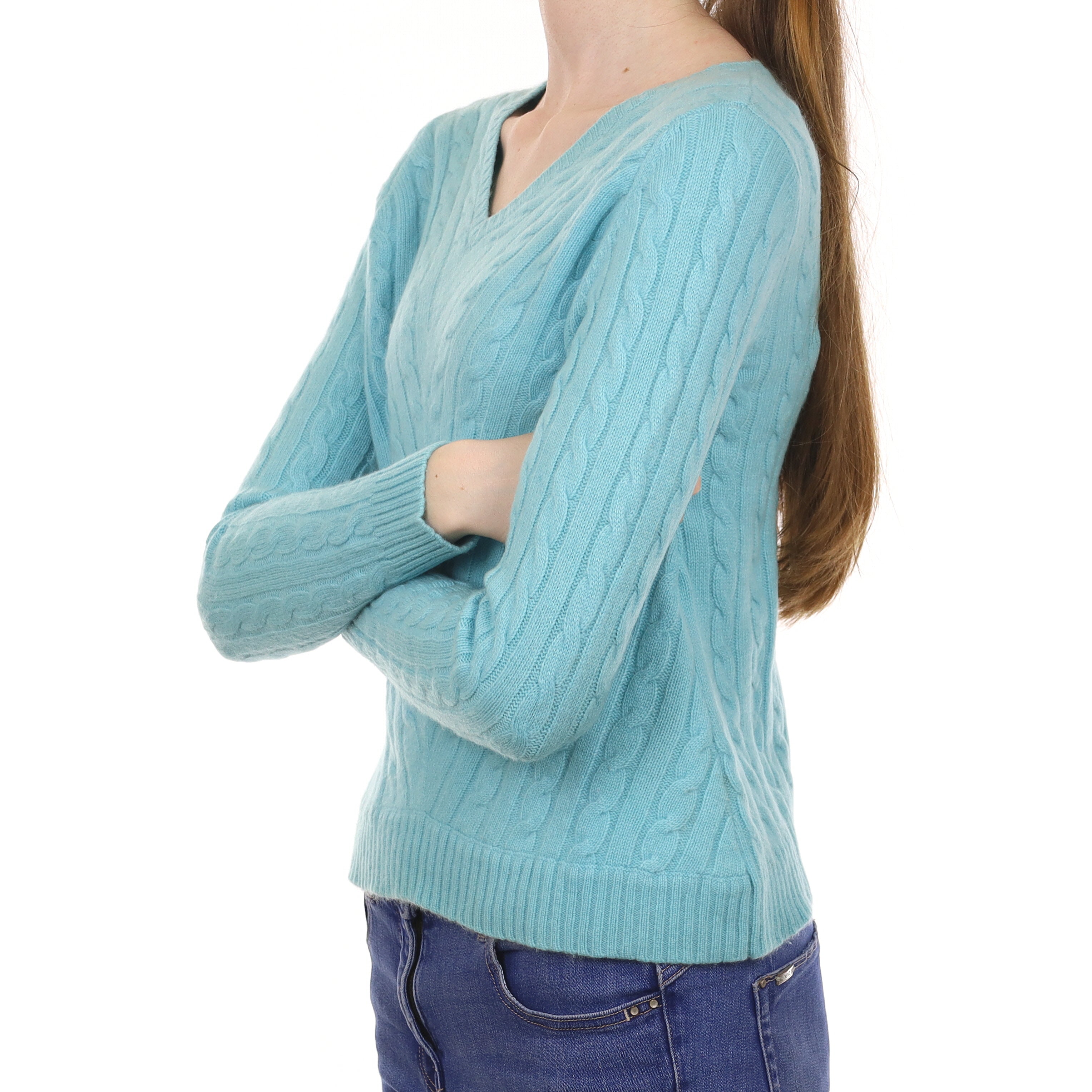 Aqua Blue Cable Cashmere V Neck Jumper Extra Small