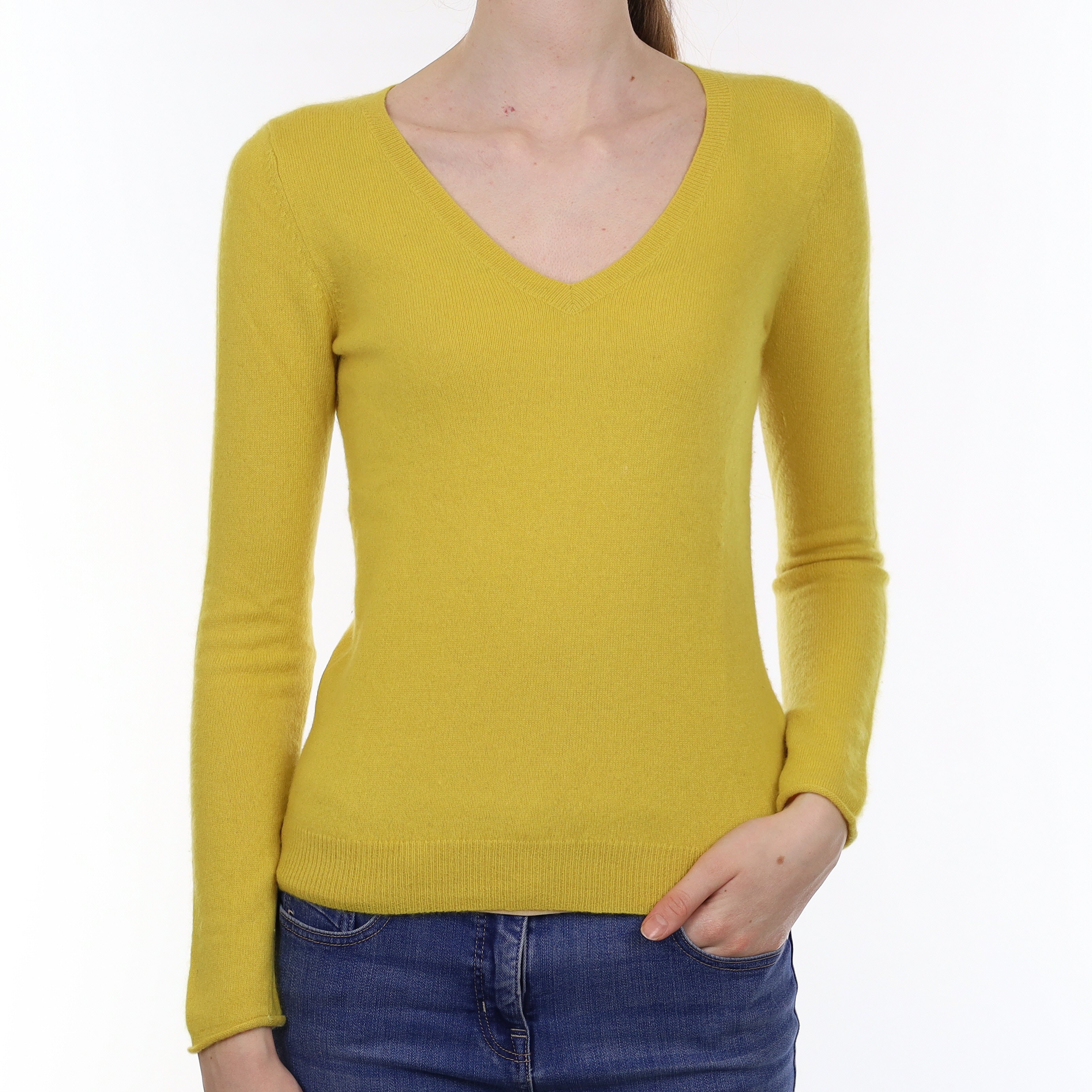 Jigsaw Canary Yellow Cashmere V Neck Jumper Extra Small
