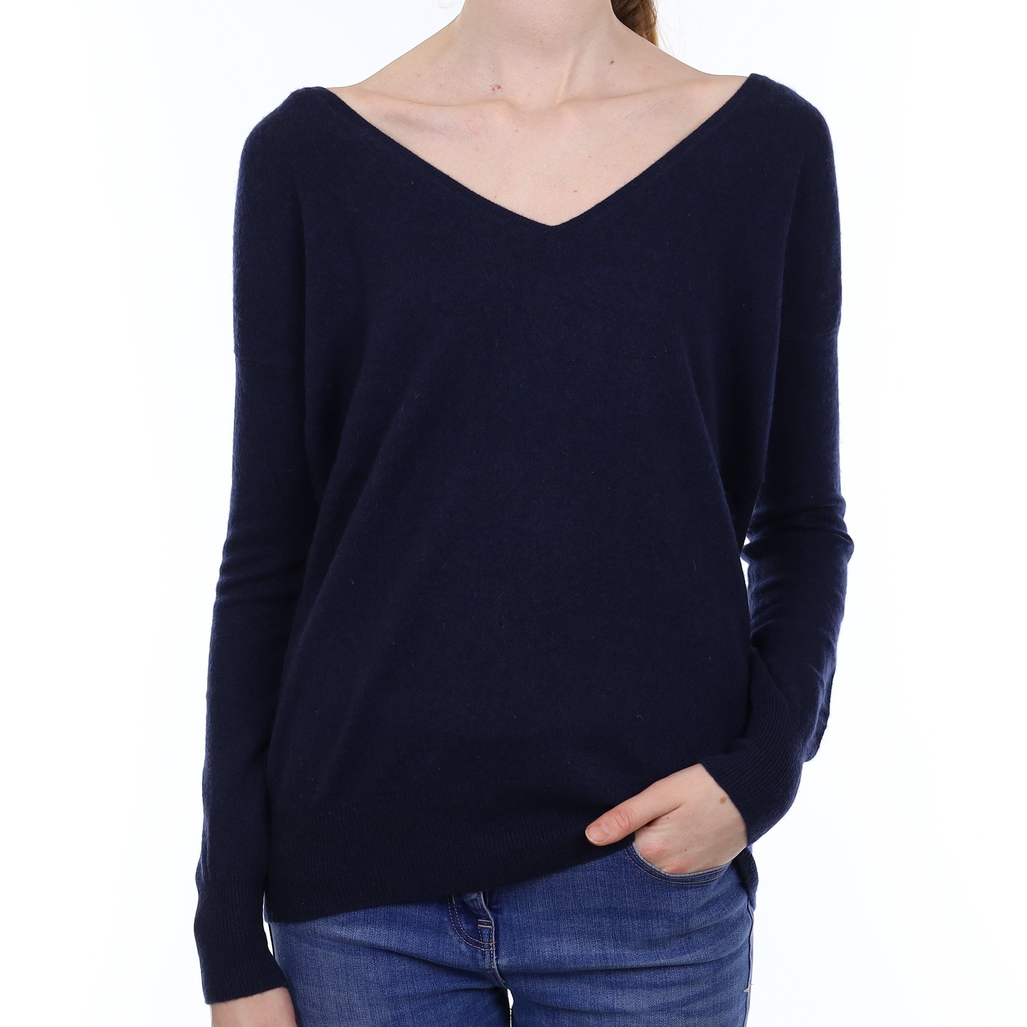 Navy Blue Cashmere V Neck Jumper Extra Small