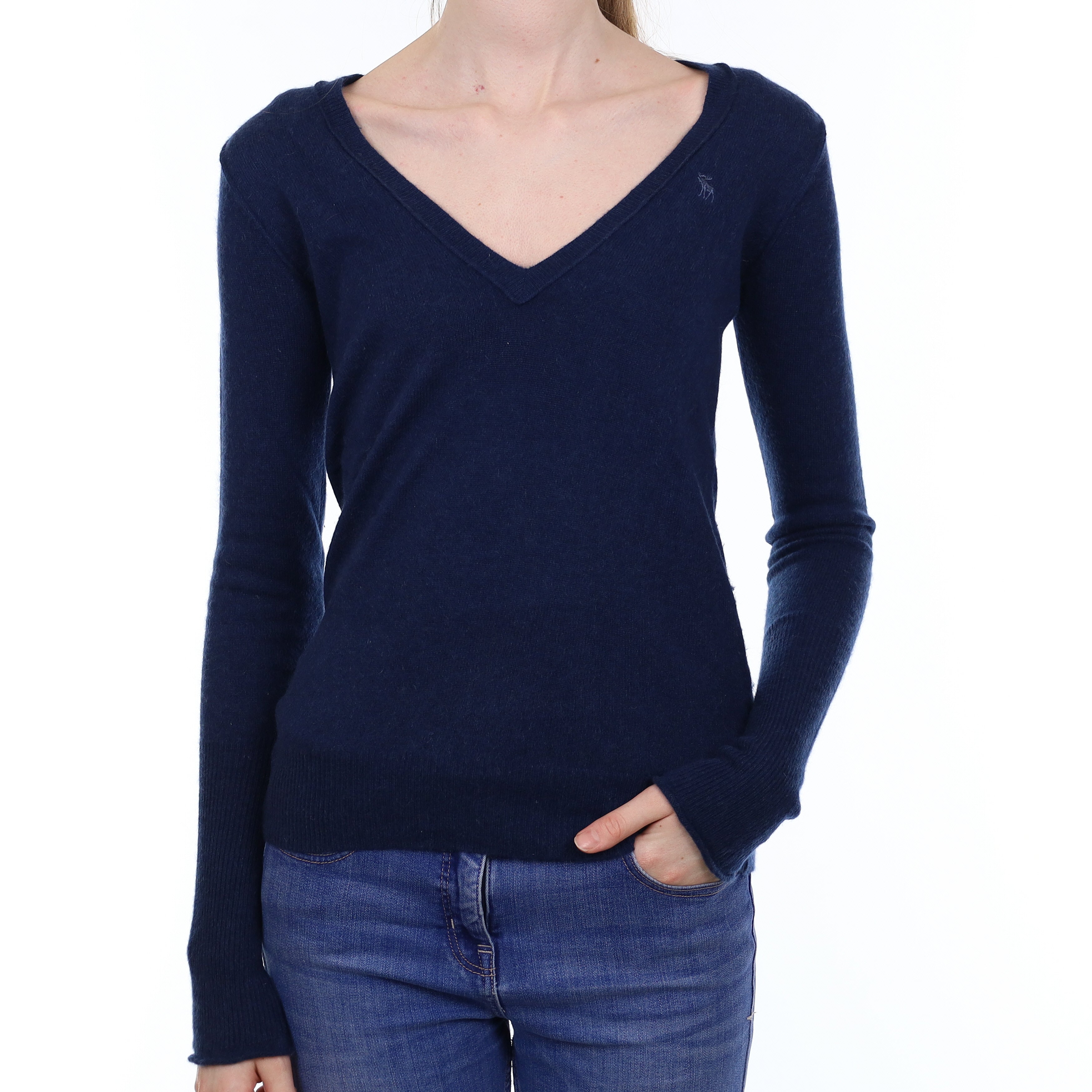 Navy Blue Cashmere Low V Neck Jumper Extra Small