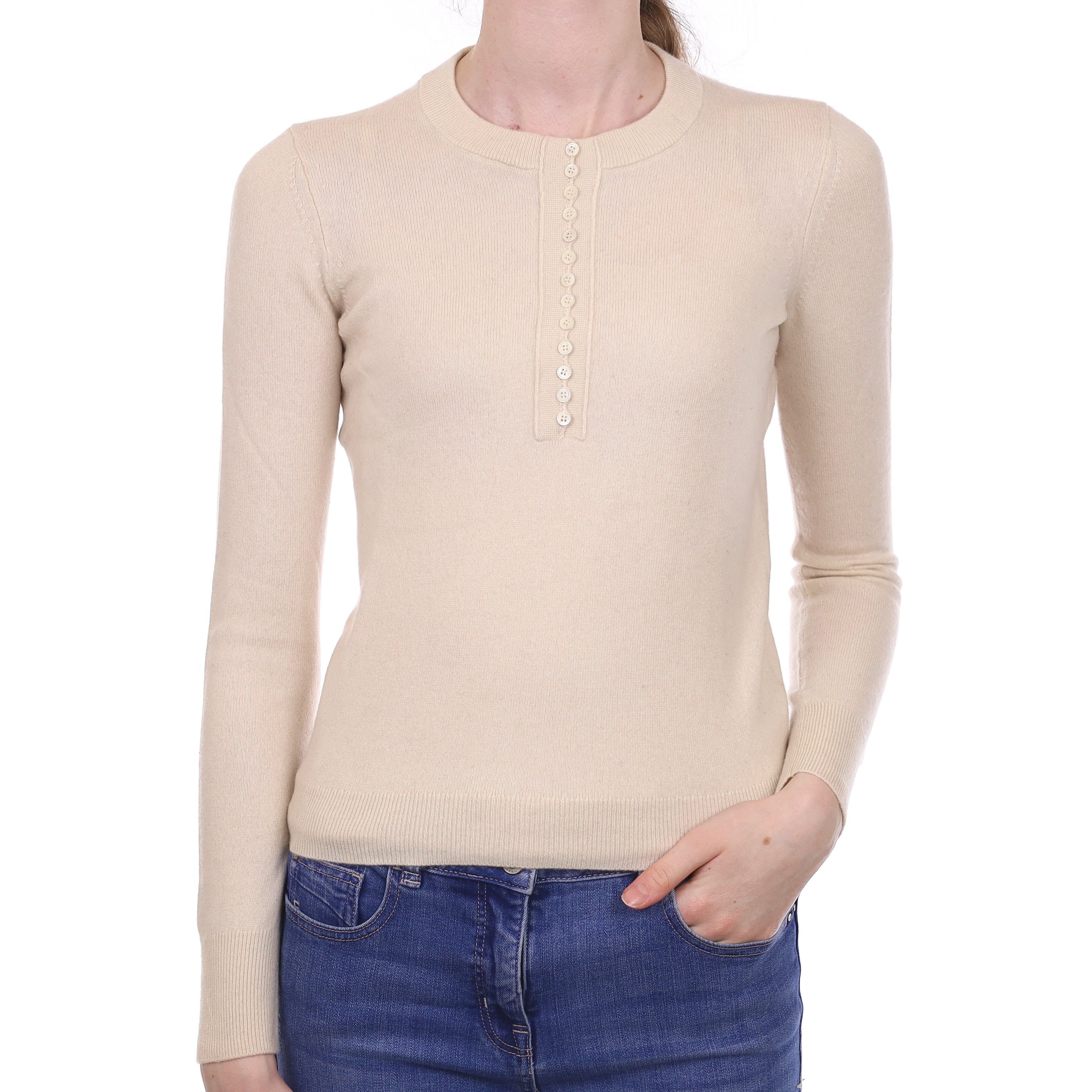 Theory Ivory Cashmere Buttoned Crew Neck Jumper Extra Small