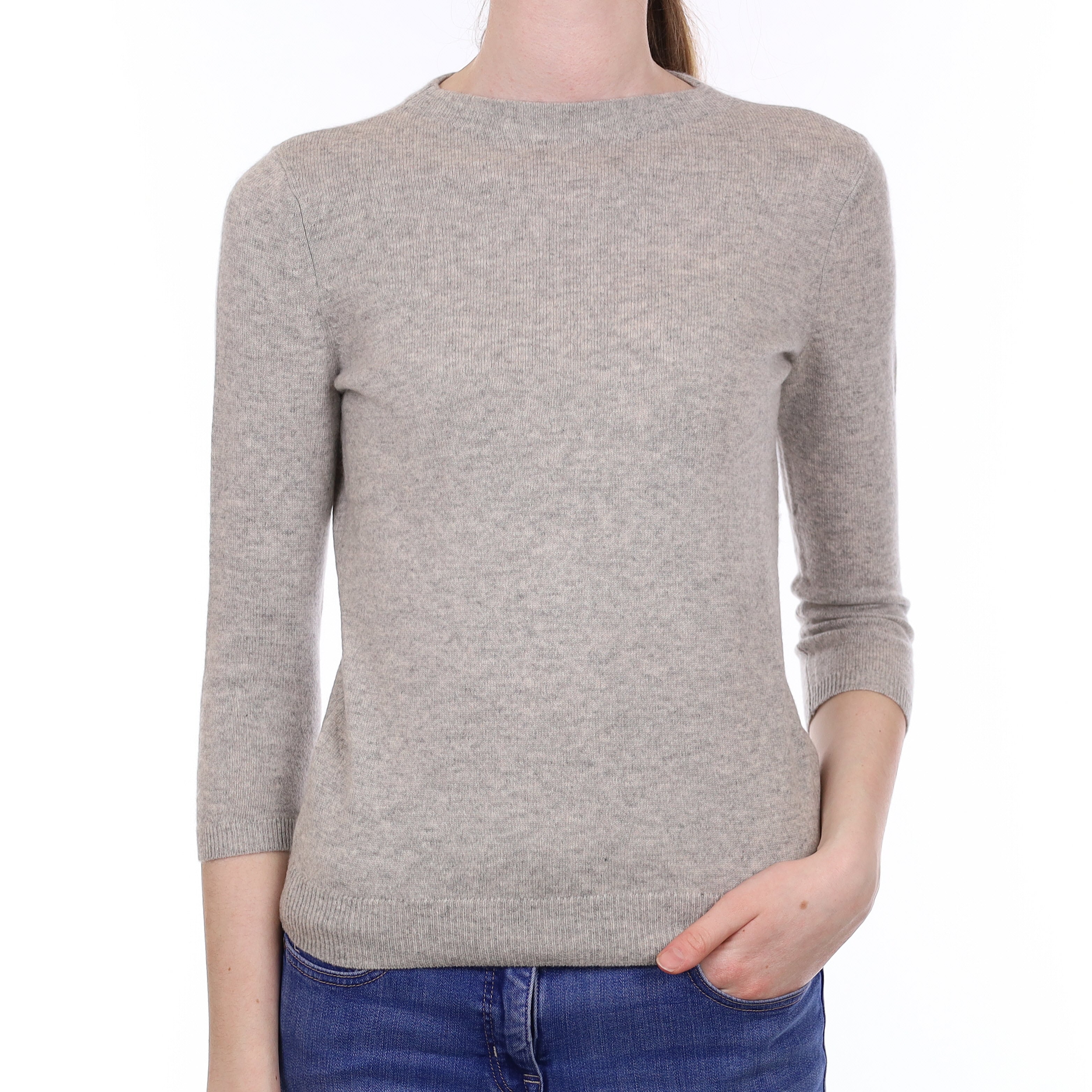 Mist Grey 3/4 Sleeve Cashmere Crew Neck Jumper Extra Small