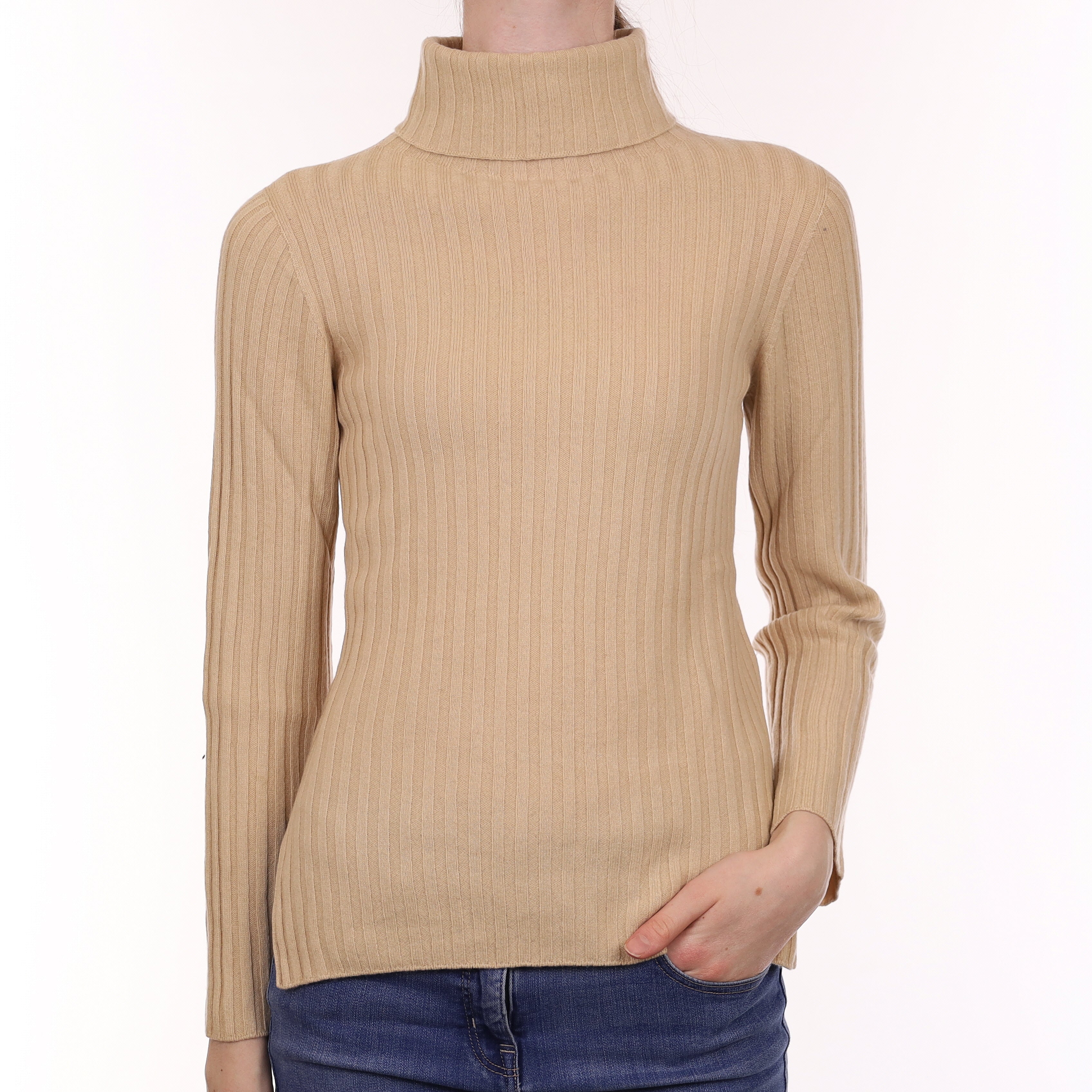 Sand Rib Cashmere Polo Neck Jumper Extra Small