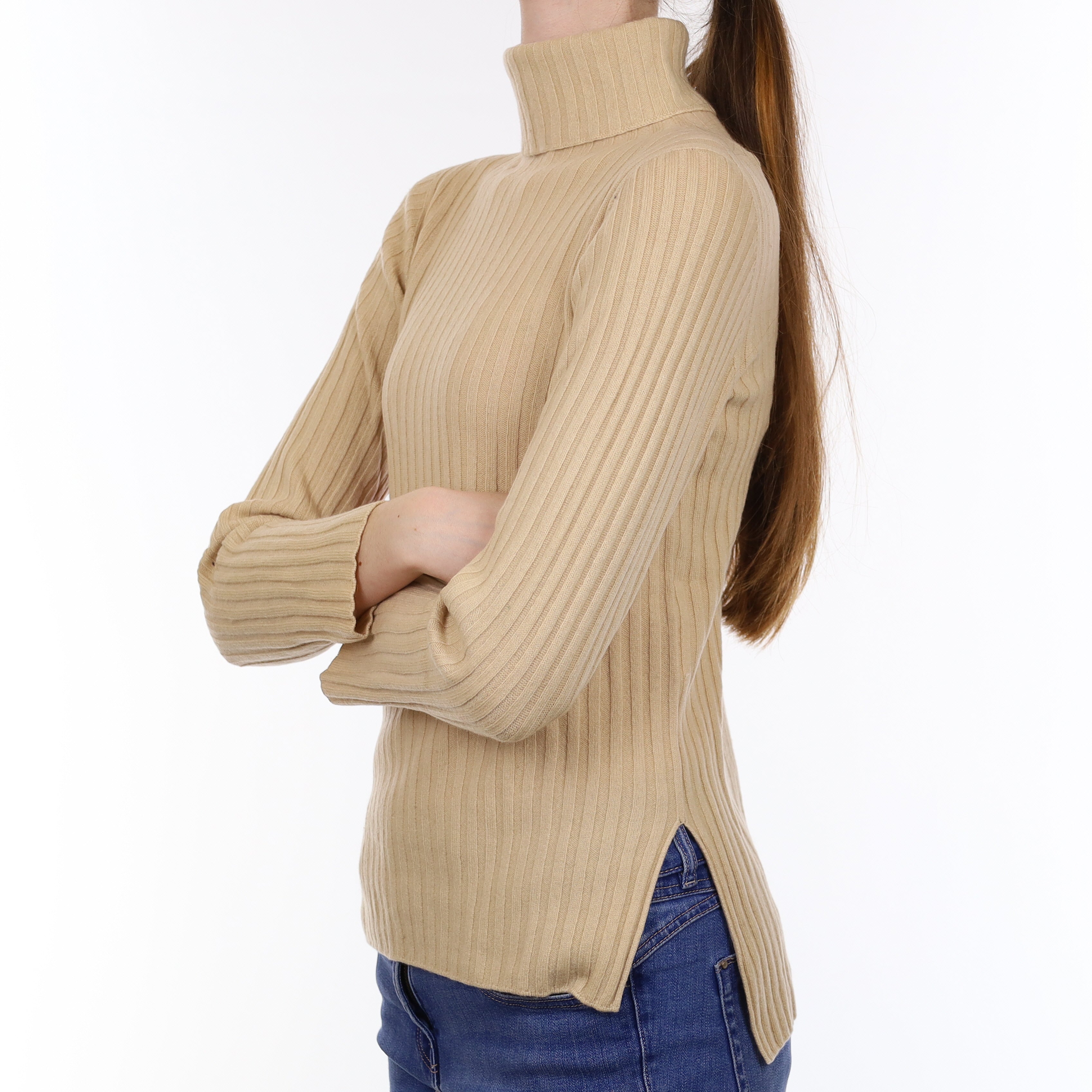 Sand Rib Cashmere Polo Neck Jumper Extra Small
