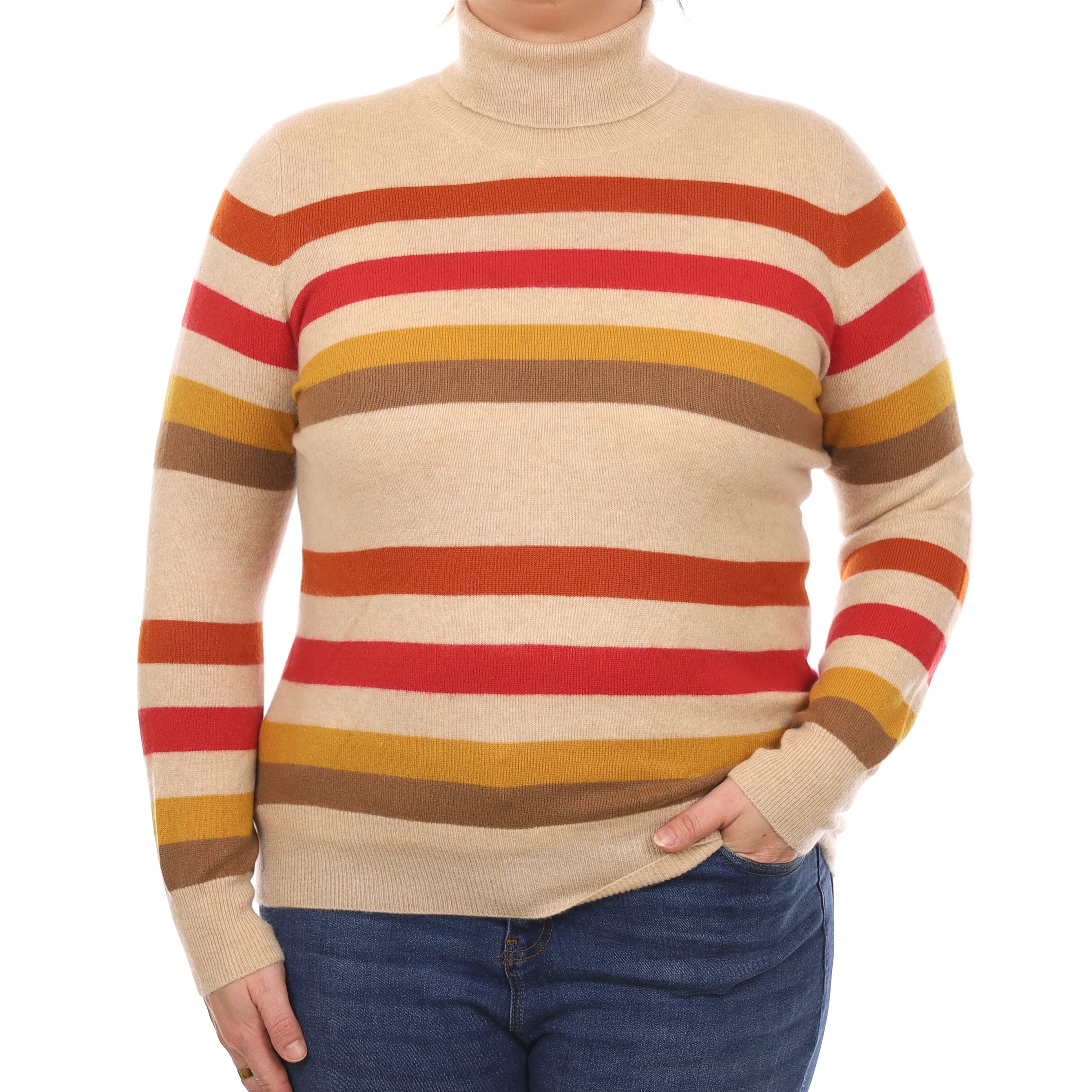 Oatmeal and Amber Striped Cashmere Polo Neck Jumper Large